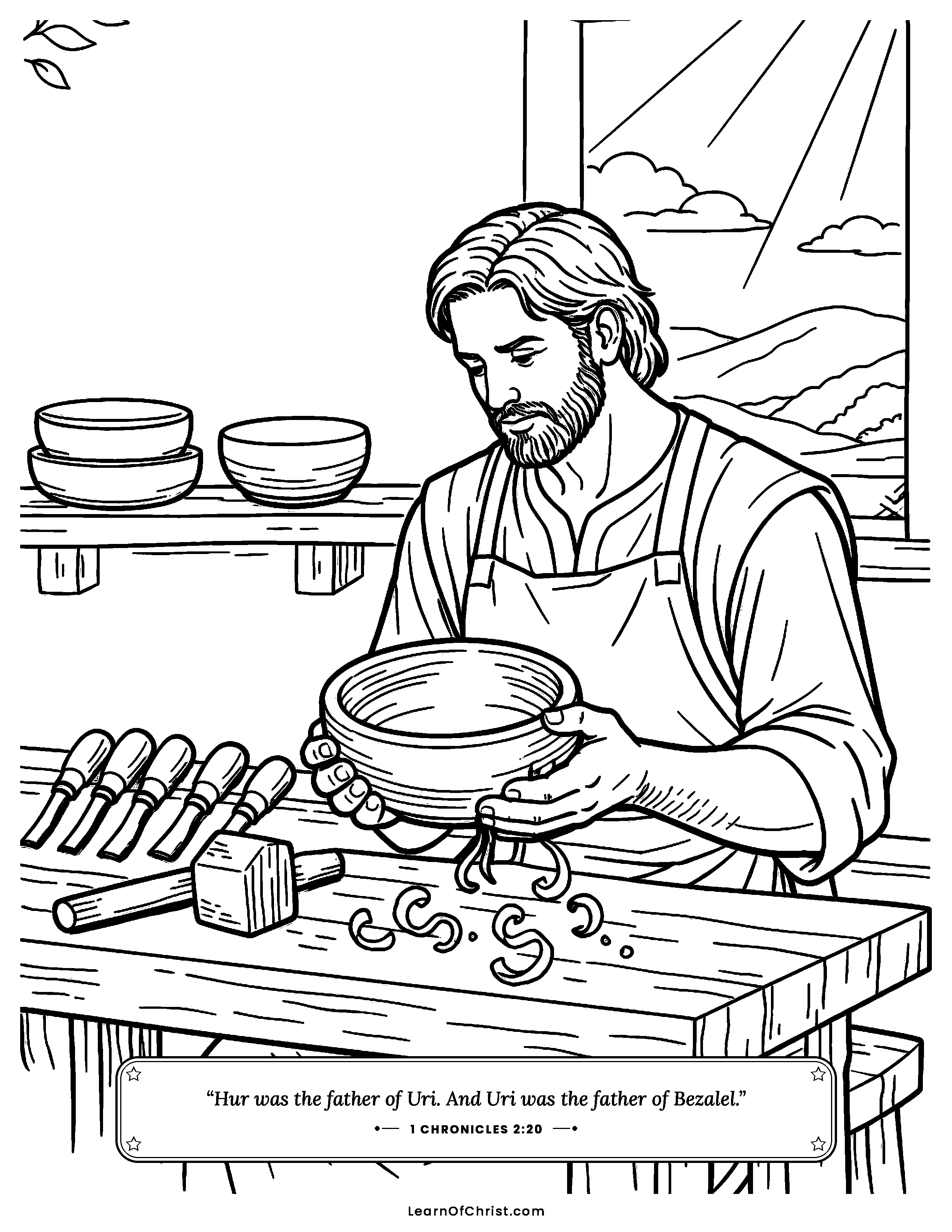 1 Chronicles 2 coloring page - Bezalel the craftsman at his bench. Free printable Bible coloring sheet for kids.