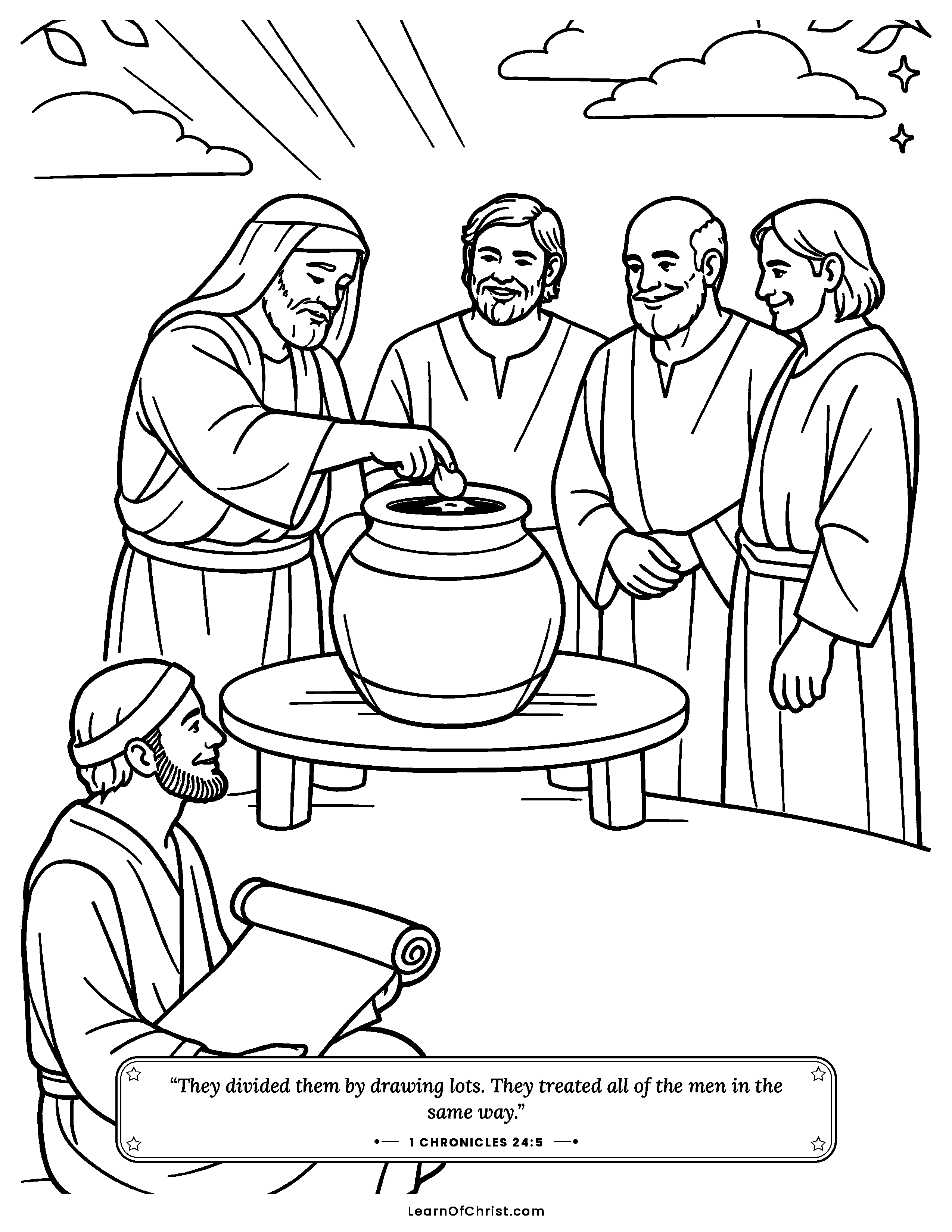 1 Chronicles 24 coloring page - Priests draw lots to take turns. Free printable Bible coloring sheet for kids.