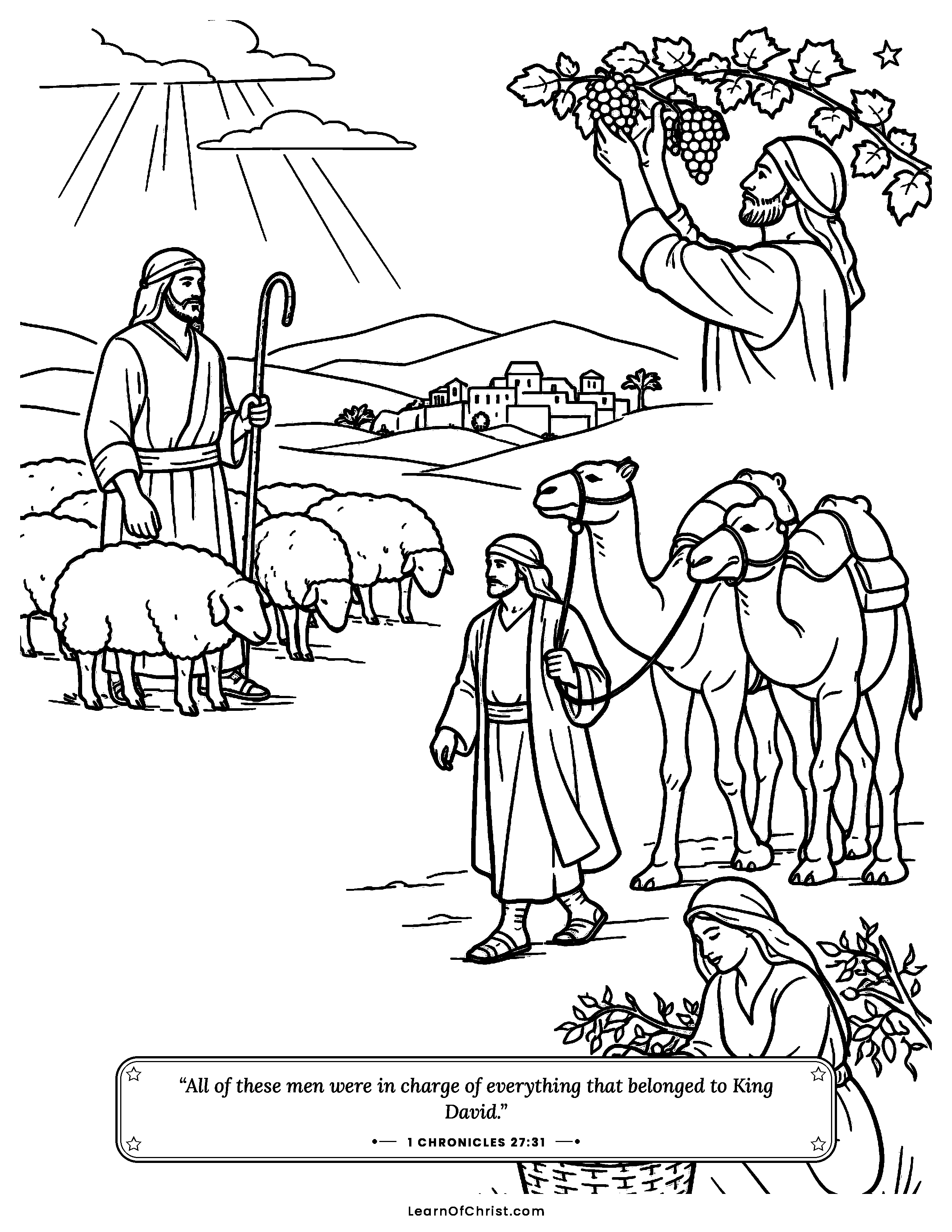 1 Chronicles 27 coloring page - Workers care for the king's flocks and fields. Free printable Bible coloring sheet for kids.