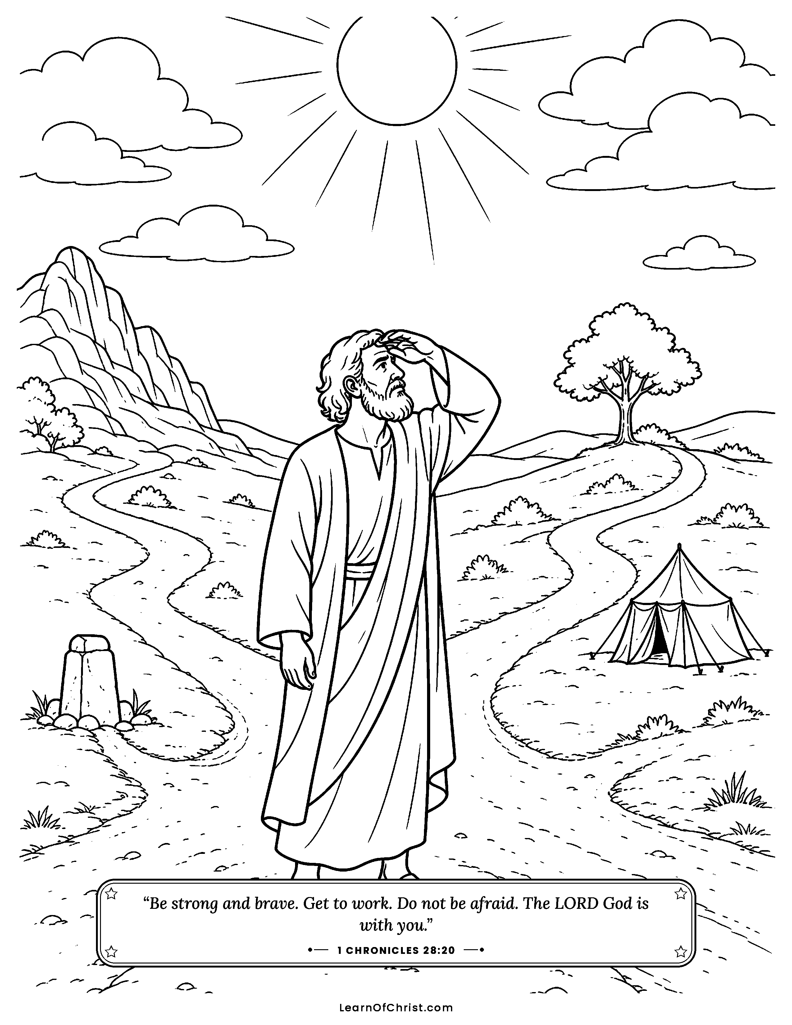 1 Chronicles 28 coloring page - David hands Solomon the temple plans. Free printable Bible coloring sheet for kids.