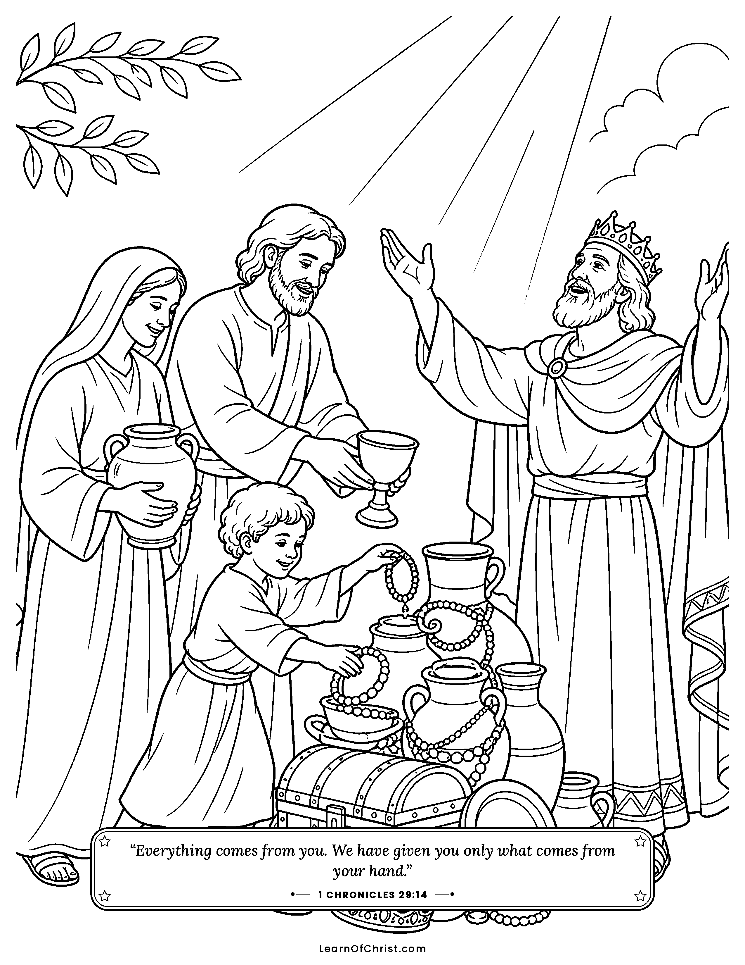 1 Chronicles 29 coloring page - Everyone gives gladly for God's house. Free printable Bible coloring sheet for kids.
