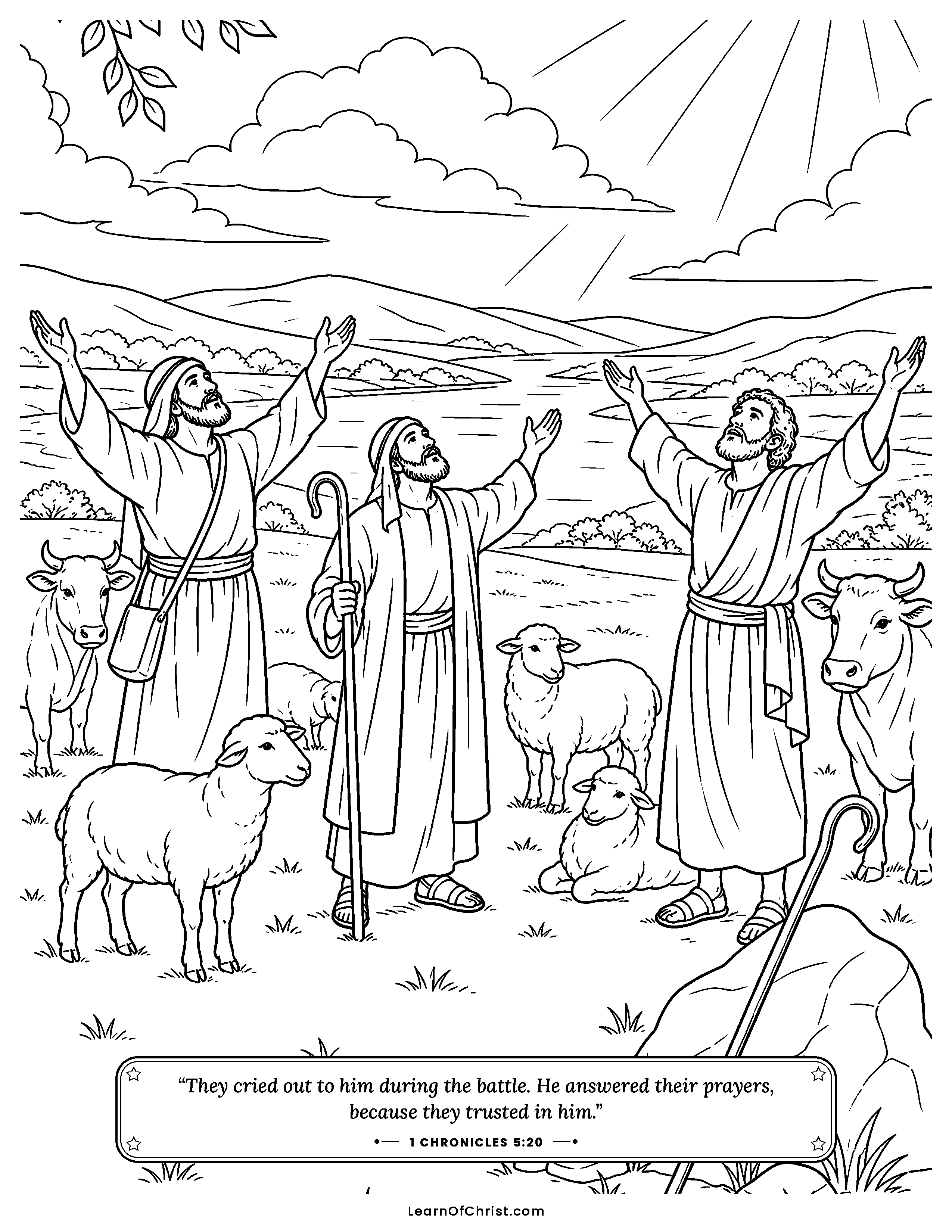 1 Chronicles 5 coloring page - Shepherds call out to God for help. Free printable Bible coloring sheet for kids.