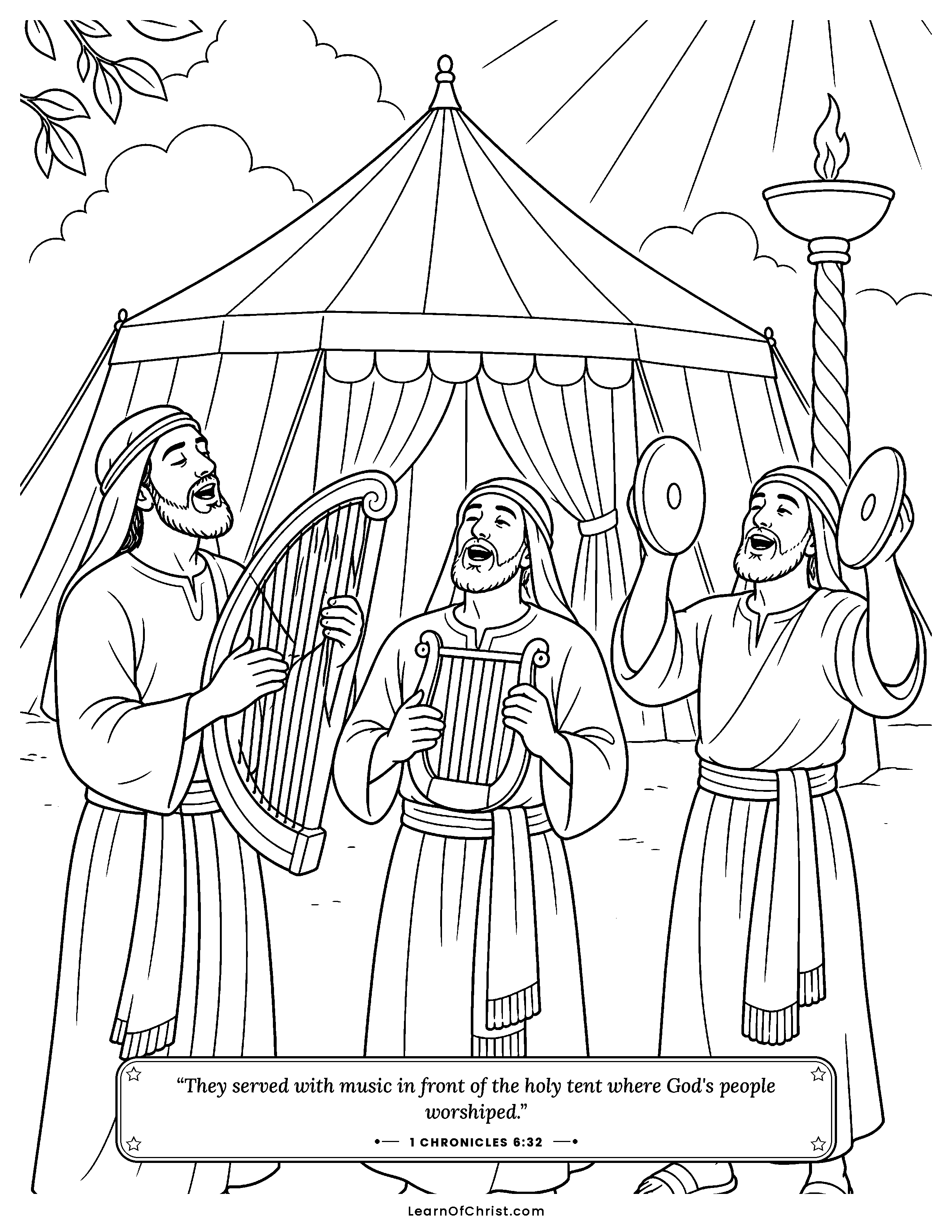 1 Chronicles 6 coloring page - Levite singers make music in God's house. Free printable Bible coloring sheet for kids.