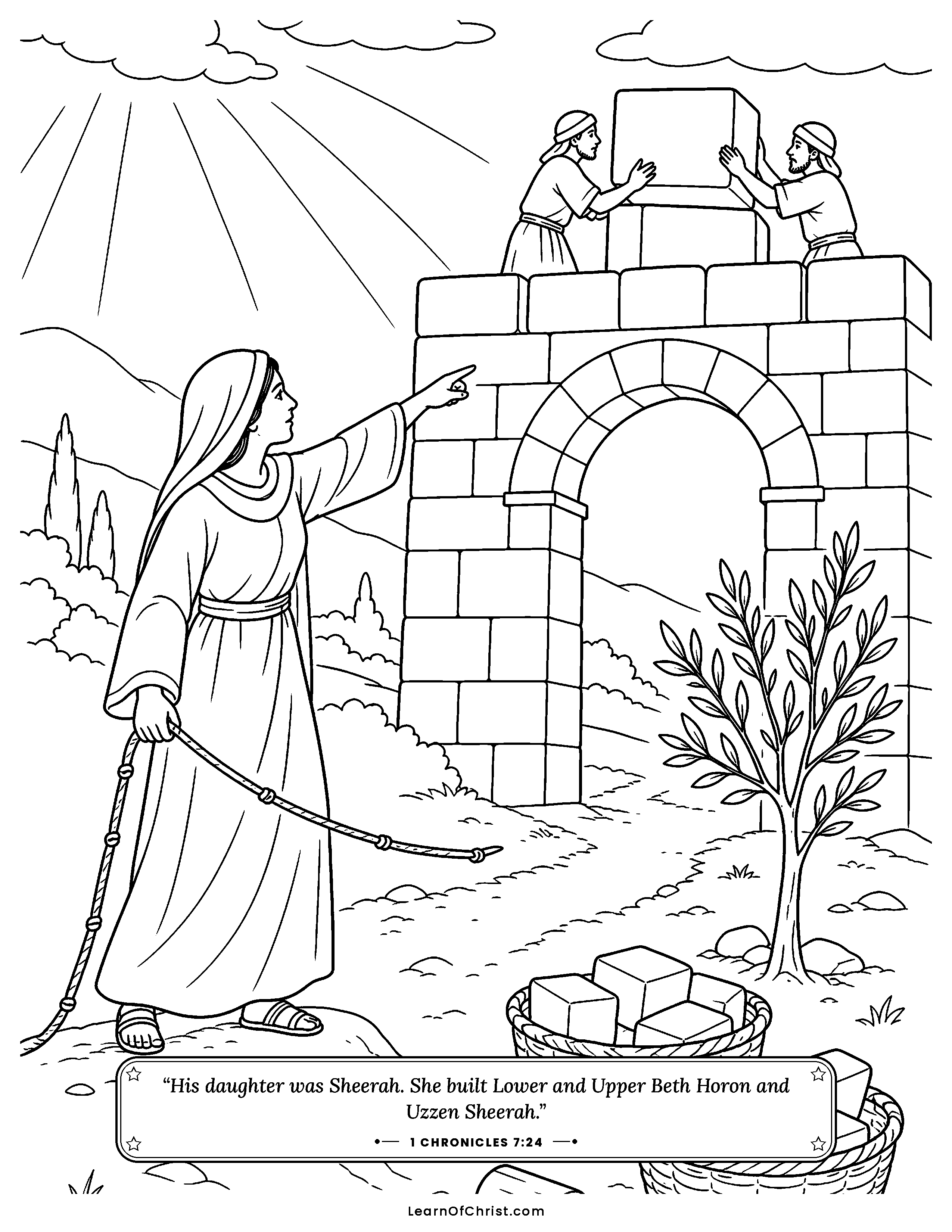 1 Chronicles 7 coloring page - Sheerah builds her towns. Free printable Bible coloring sheet for kids.