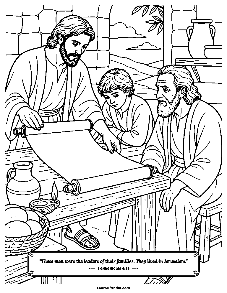 1 Chronicles 8 coloring page - A long scroll of family names