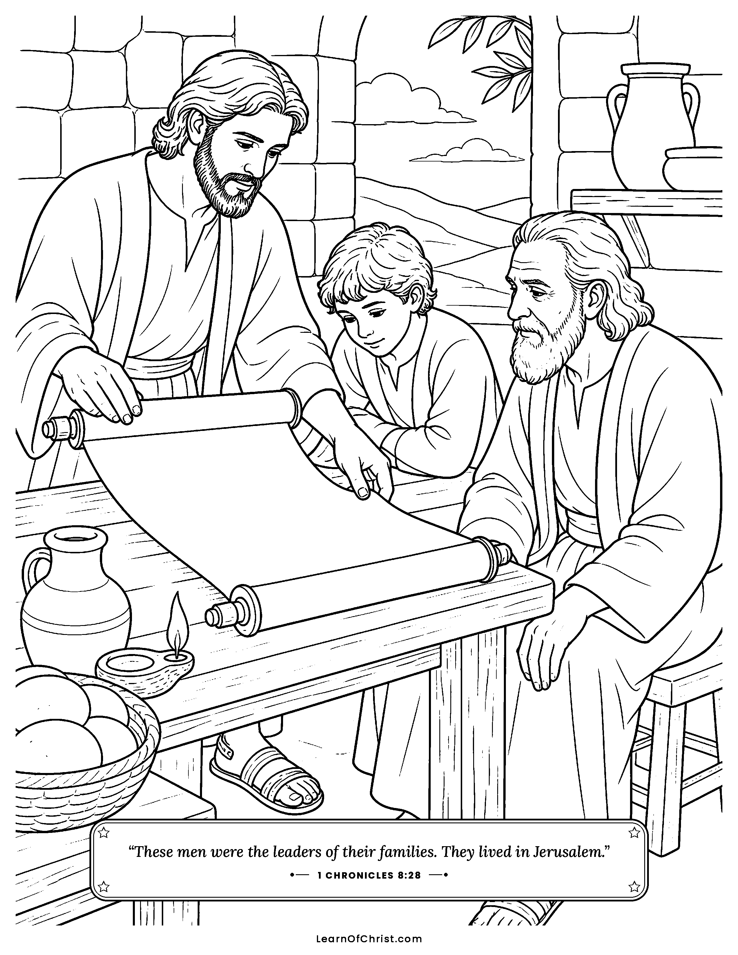 1 Chronicles 8 coloring page - A long scroll of family names. Free printable Bible coloring sheet for kids.