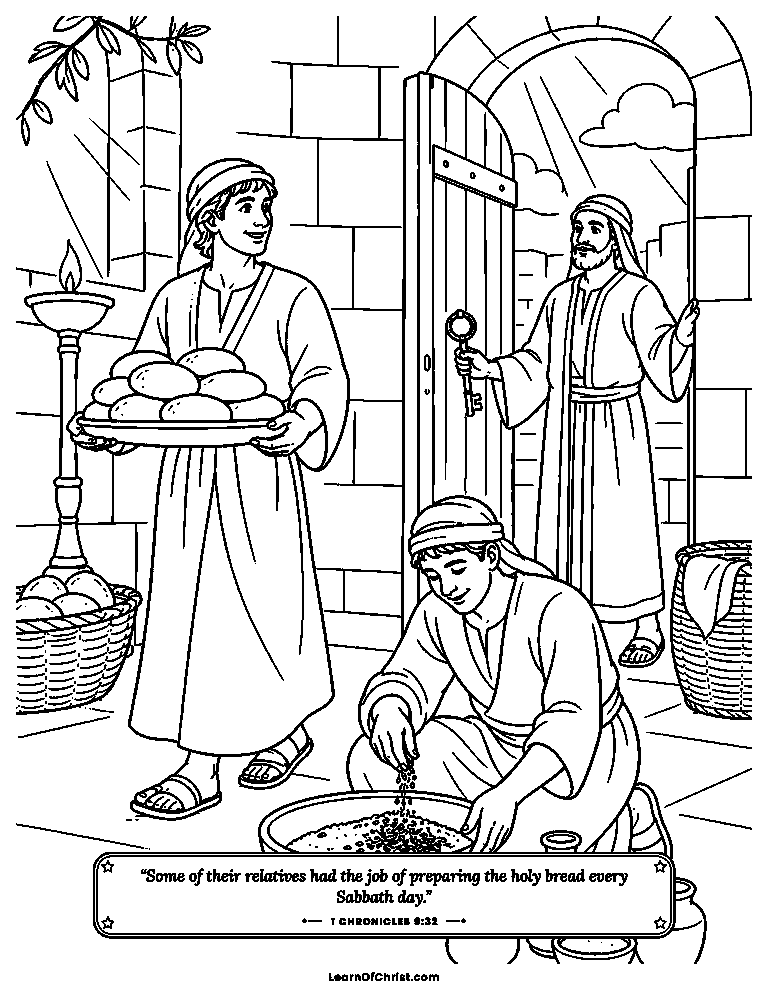 1 Chronicles 9 coloring page - Helpers bake bread for God's house