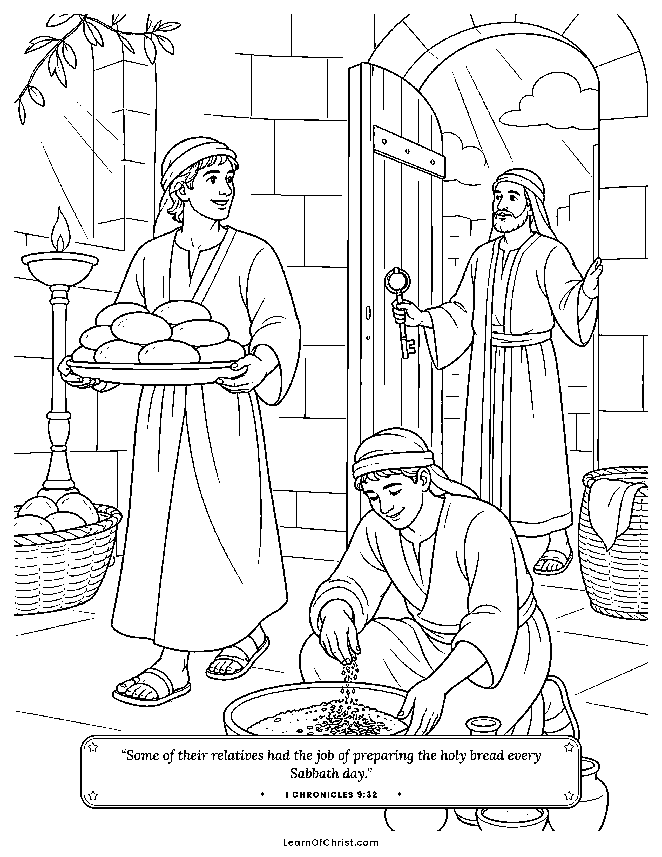 1 Chronicles 9 coloring page - Helpers bake bread for God's house. Free printable Bible coloring sheet for kids.