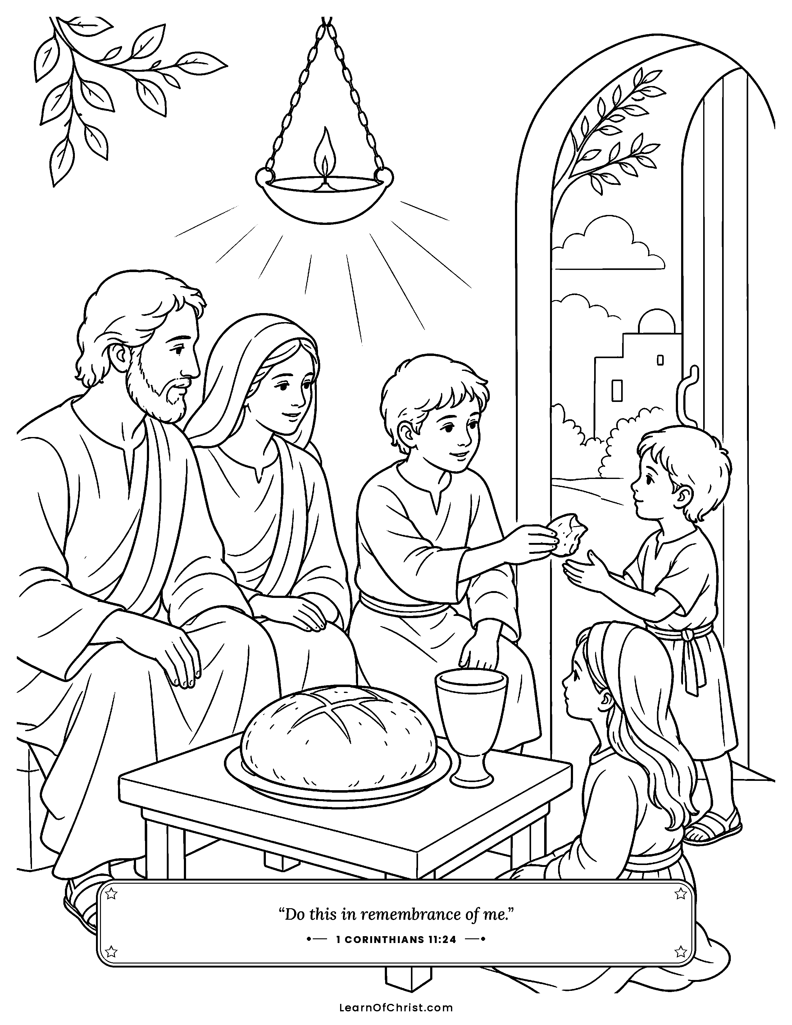 1 Corinthians 11 coloring page - Sharing the bread and the cup together. Free printable Bible coloring sheet for kids.