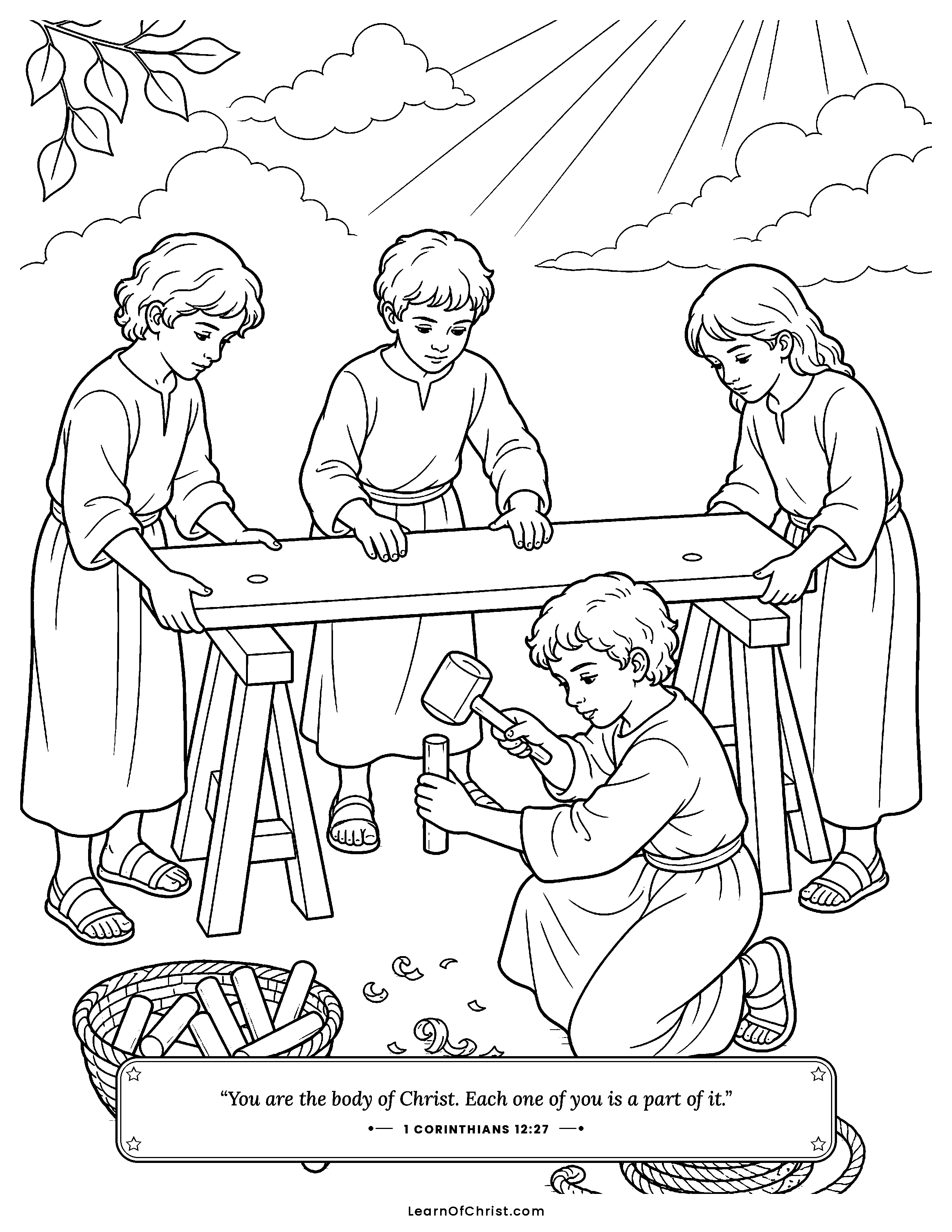1 Corinthians 12 coloring page - Four hands on one plank. Free printable Bible coloring sheet for kids.