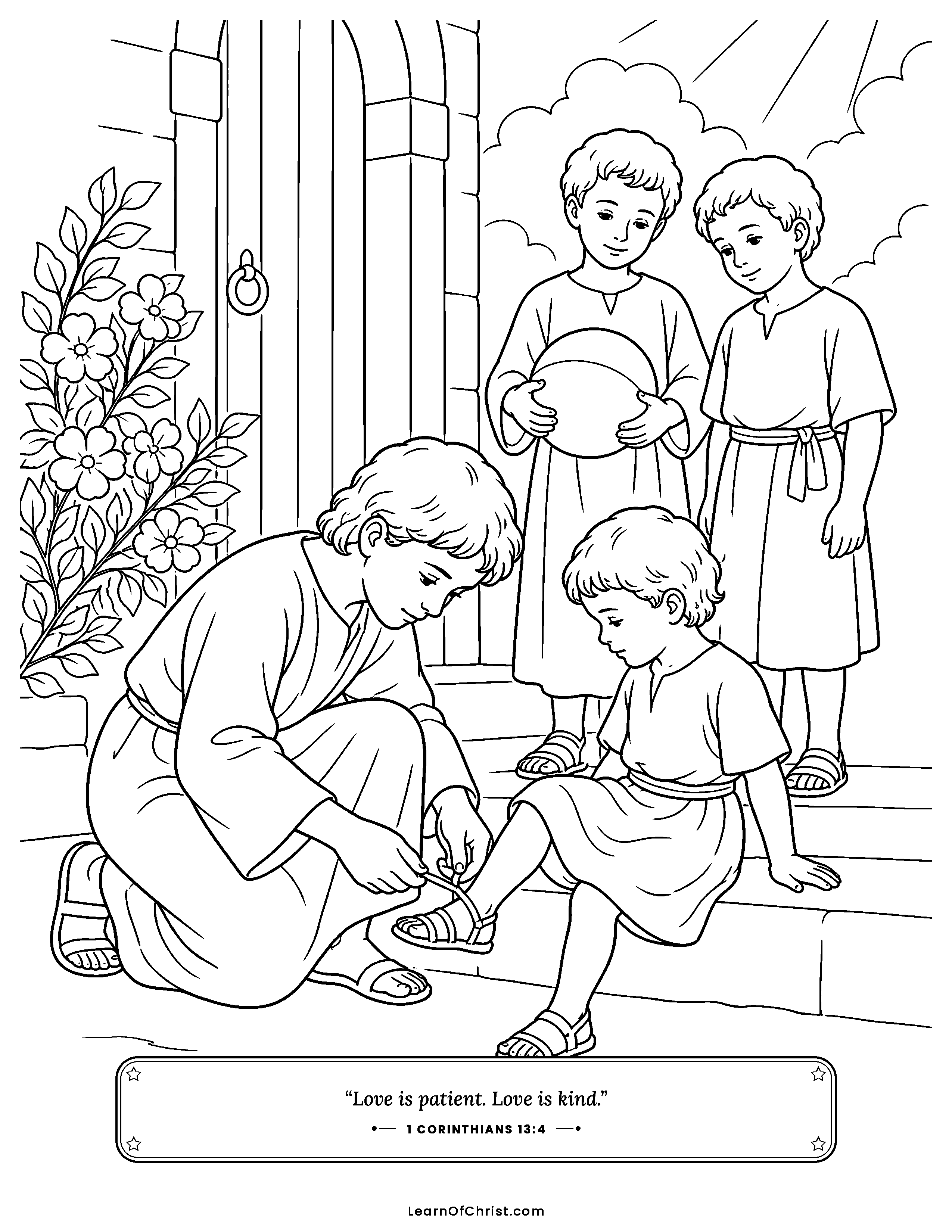 1 Corinthians 13 coloring page - Love is patient and love is kind. Free printable Bible coloring sheet for kids.