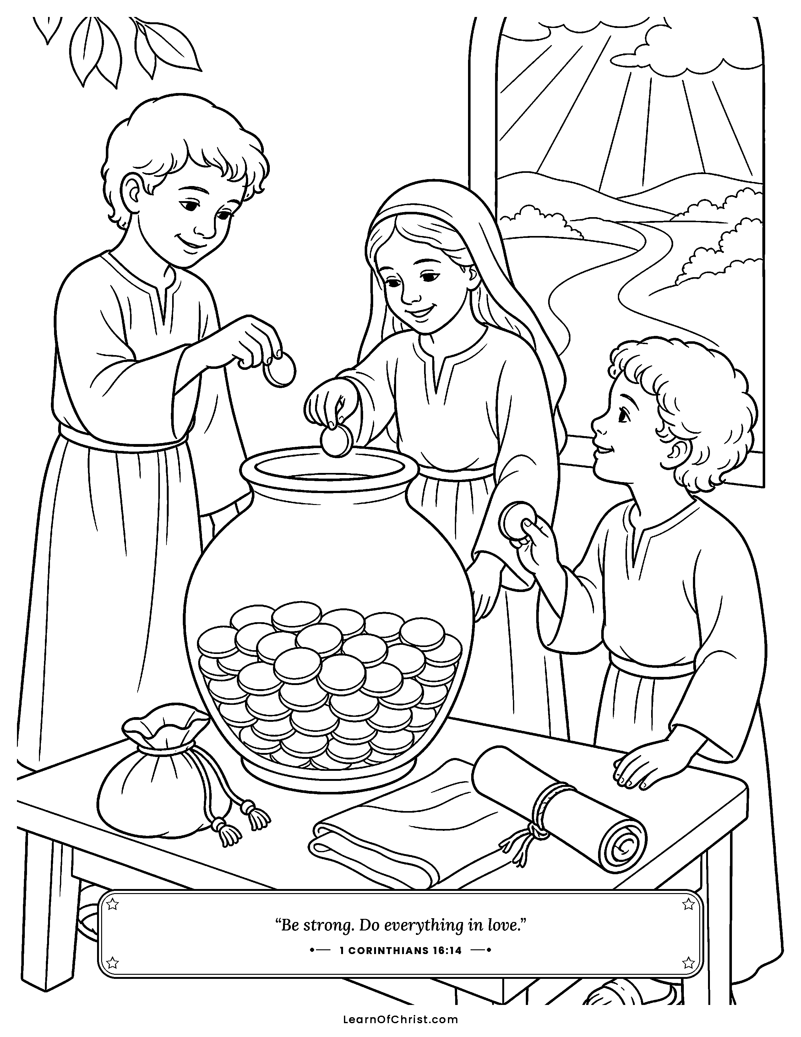 1 Corinthians 16 coloring page - Small hands saving up a big gift. Free printable Bible coloring sheet for kids.