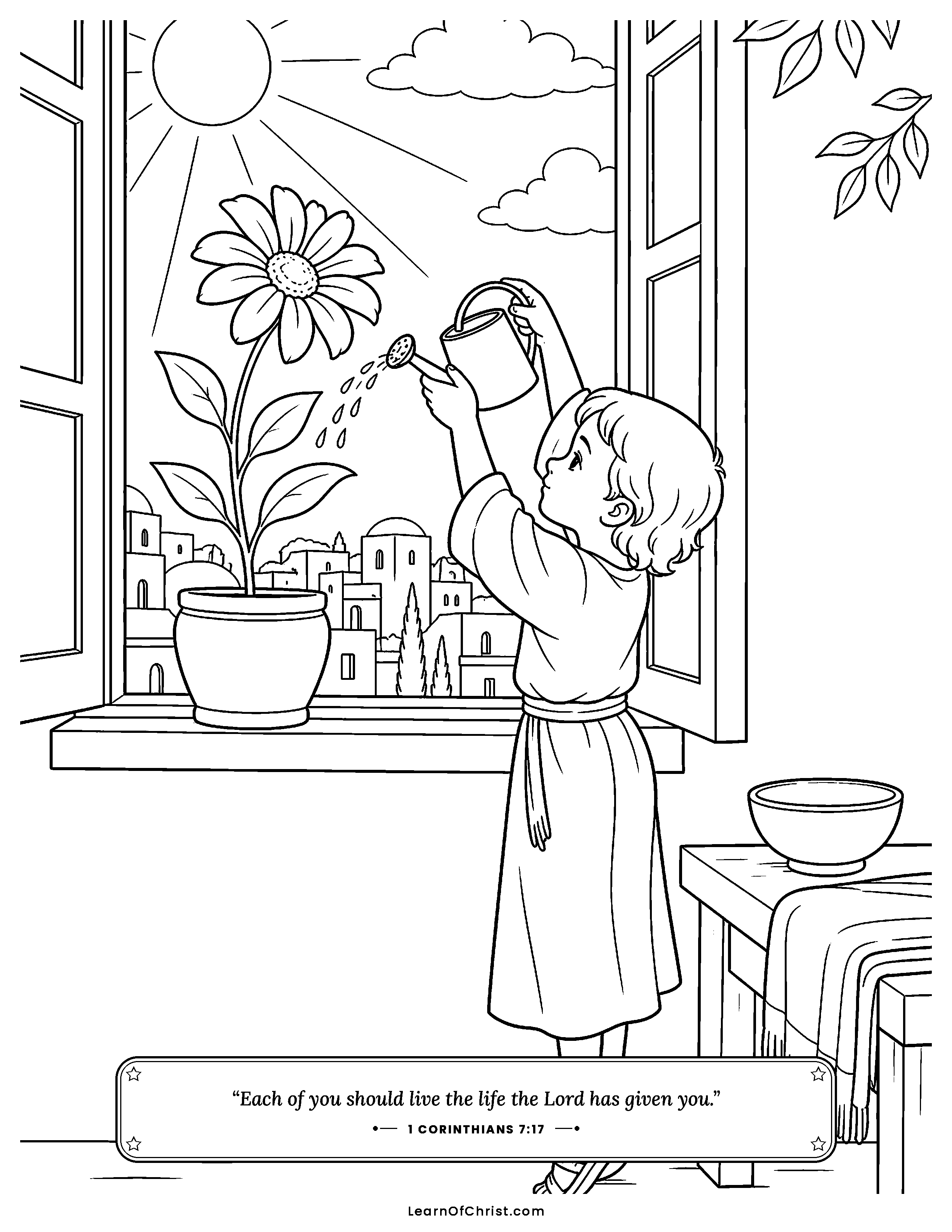 1 Corinthians 7 coloring page - Blooming right where God planted us. Free printable Bible coloring sheet for kids.
