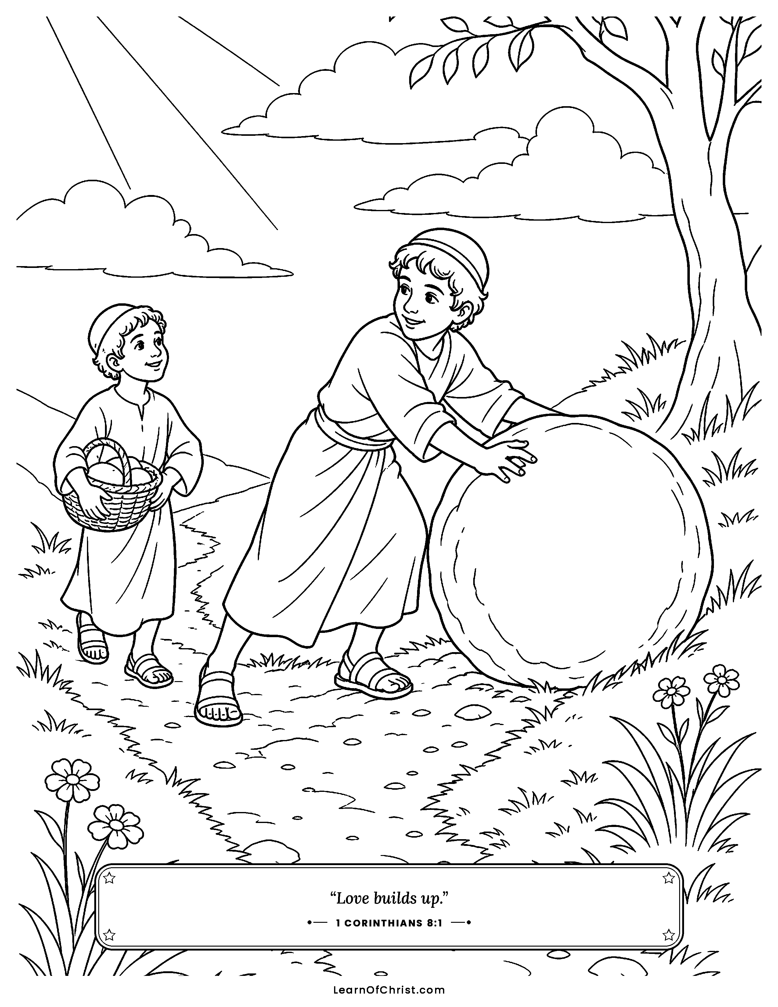 1 Corinthians 8 coloring page - Moving the rock out of a friend's path. Free printable Bible coloring sheet for kids.