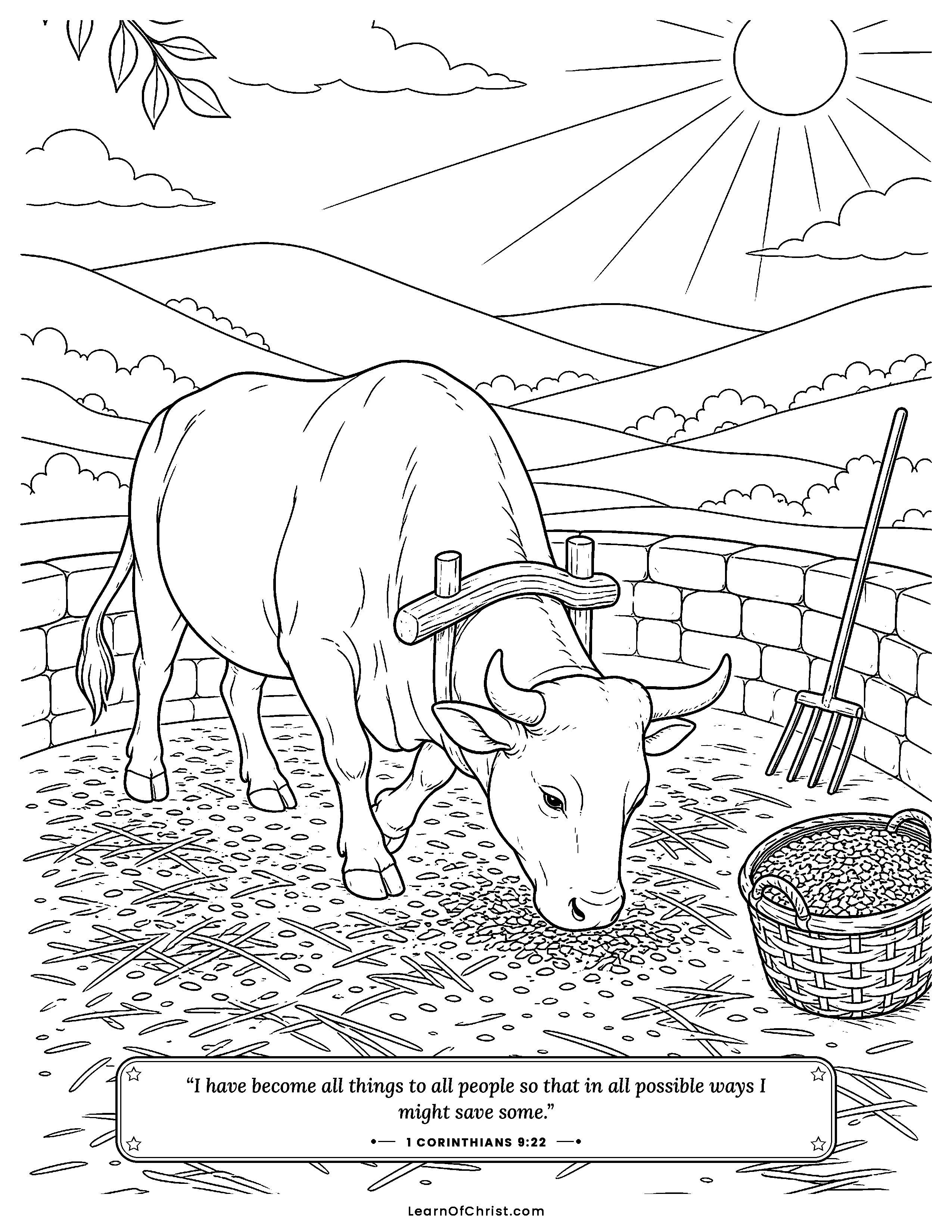 1 Corinthians 9 coloring page - The ox eats from the grain he treads. Free printable Bible coloring sheet for kids.
