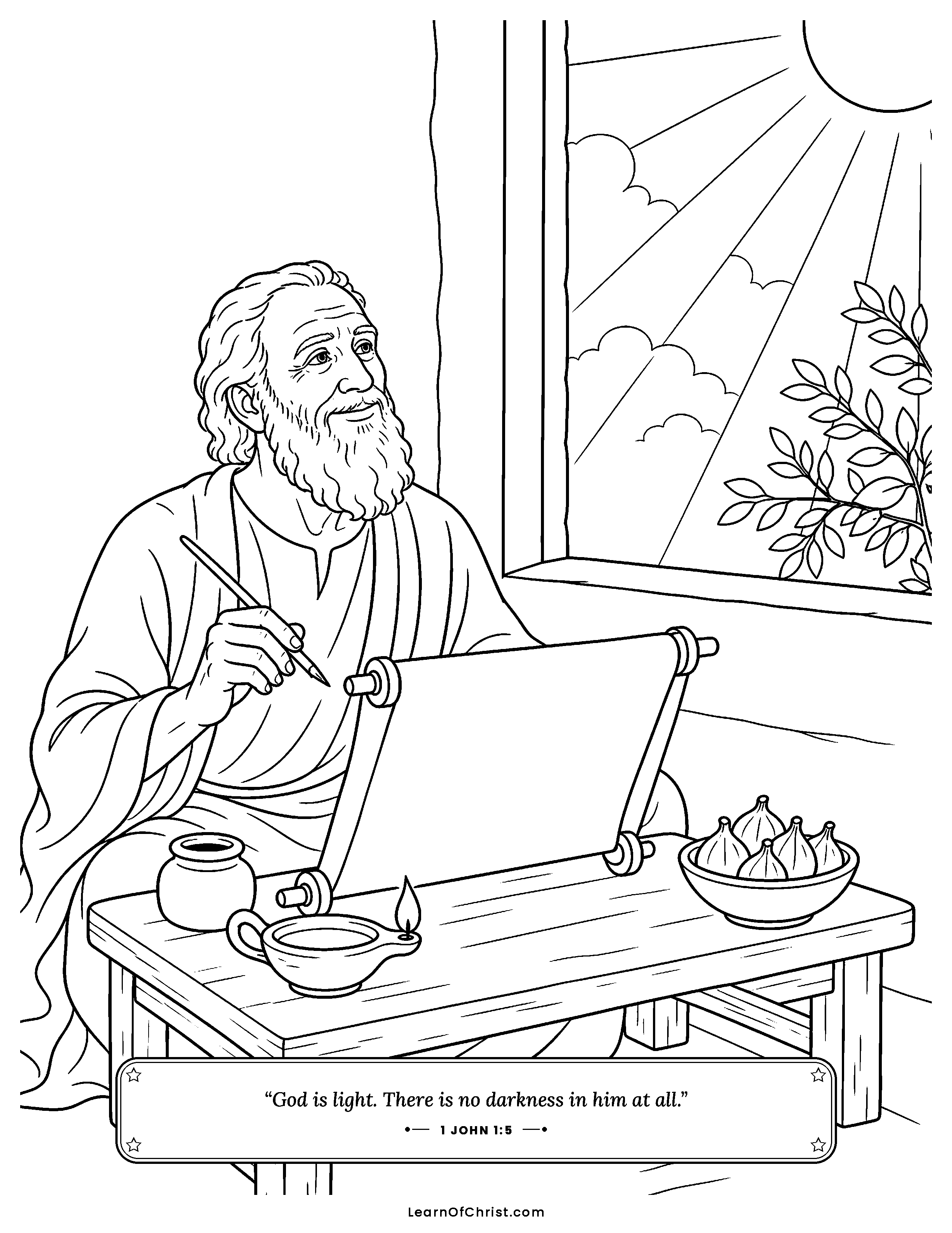 1 John 1 coloring page - John writes by a bright window. Free printable Bible coloring sheet for kids.
