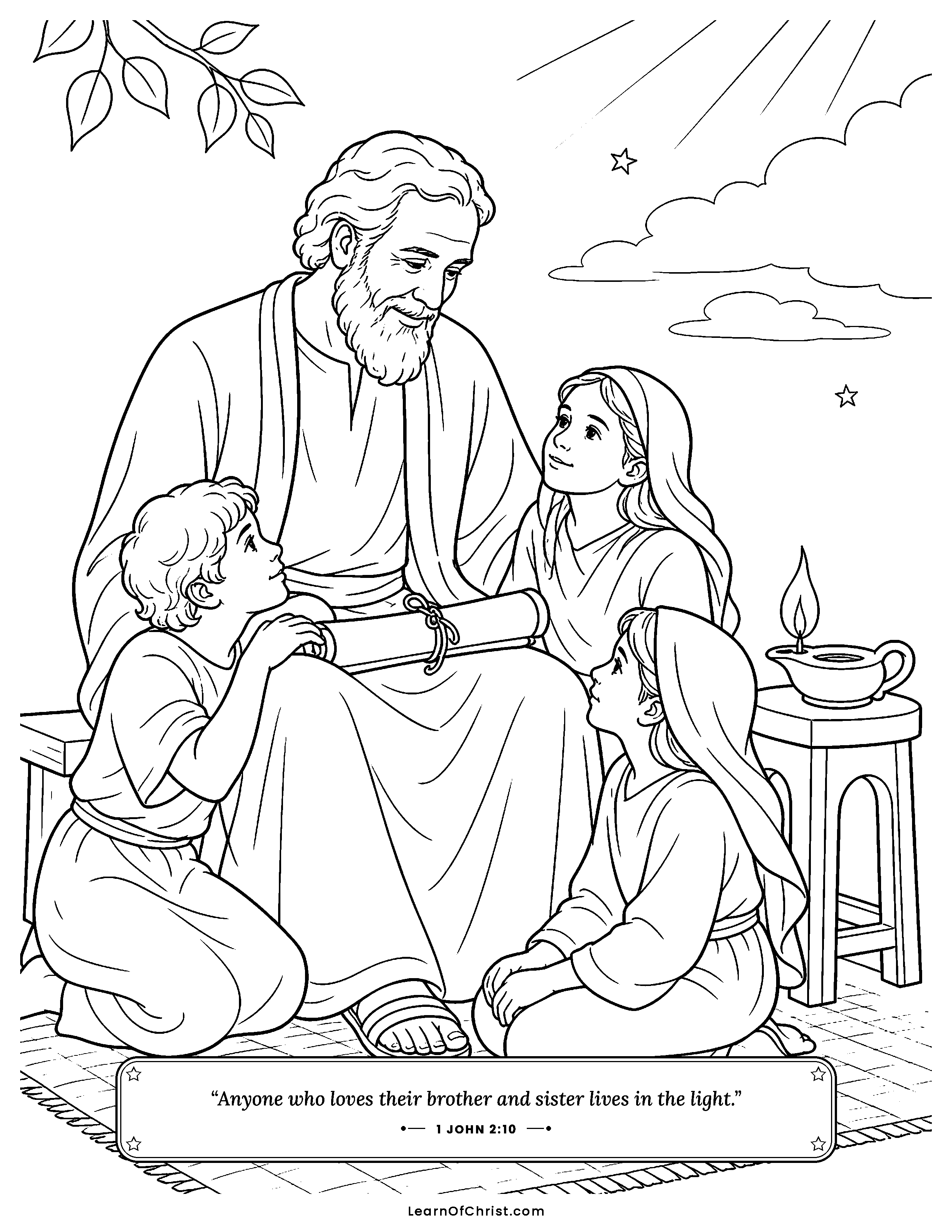 1 John 2 coloring page - An old teacher and the children beside him. Free printable Bible coloring sheet for kids.