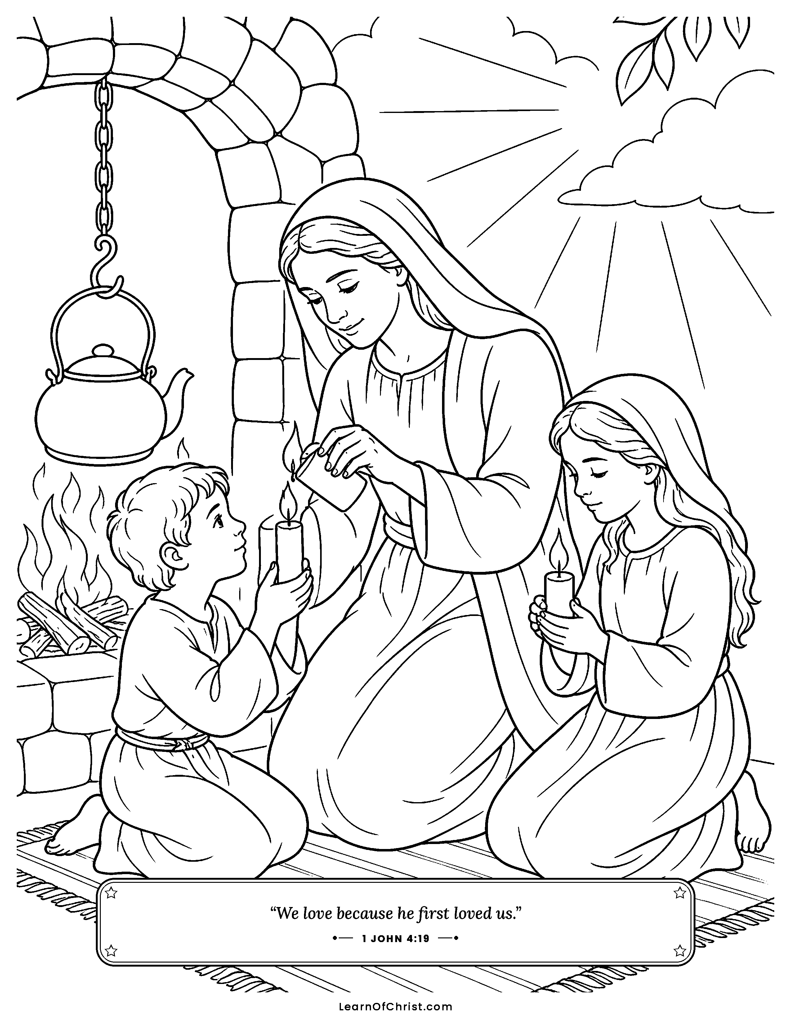1 John 4 coloring page - One candle lights another by the fire. Free printable Bible coloring sheet for kids.