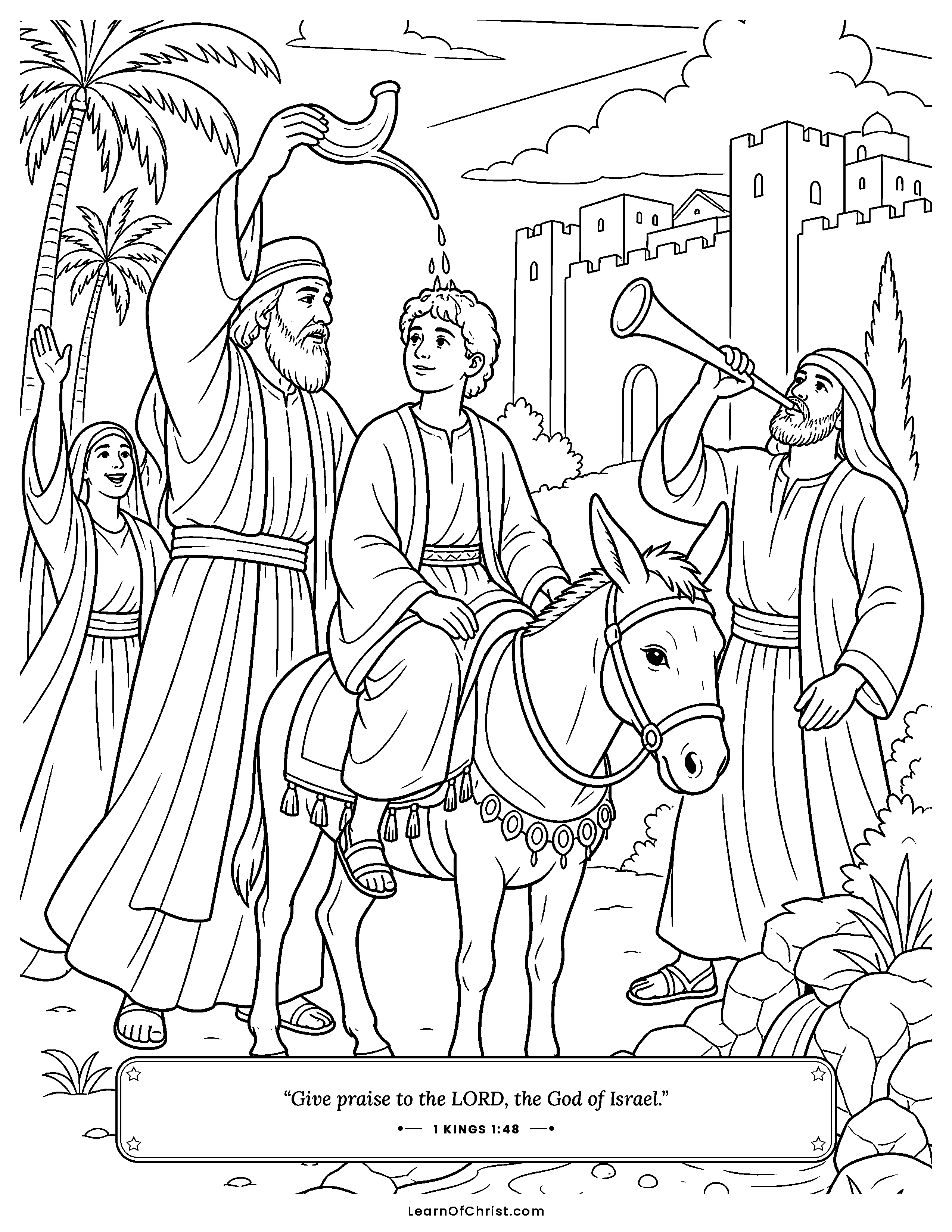 1 Kings 1 coloring page - Solomon is anointed king at the spring. Free printable Bible coloring sheet for kids.