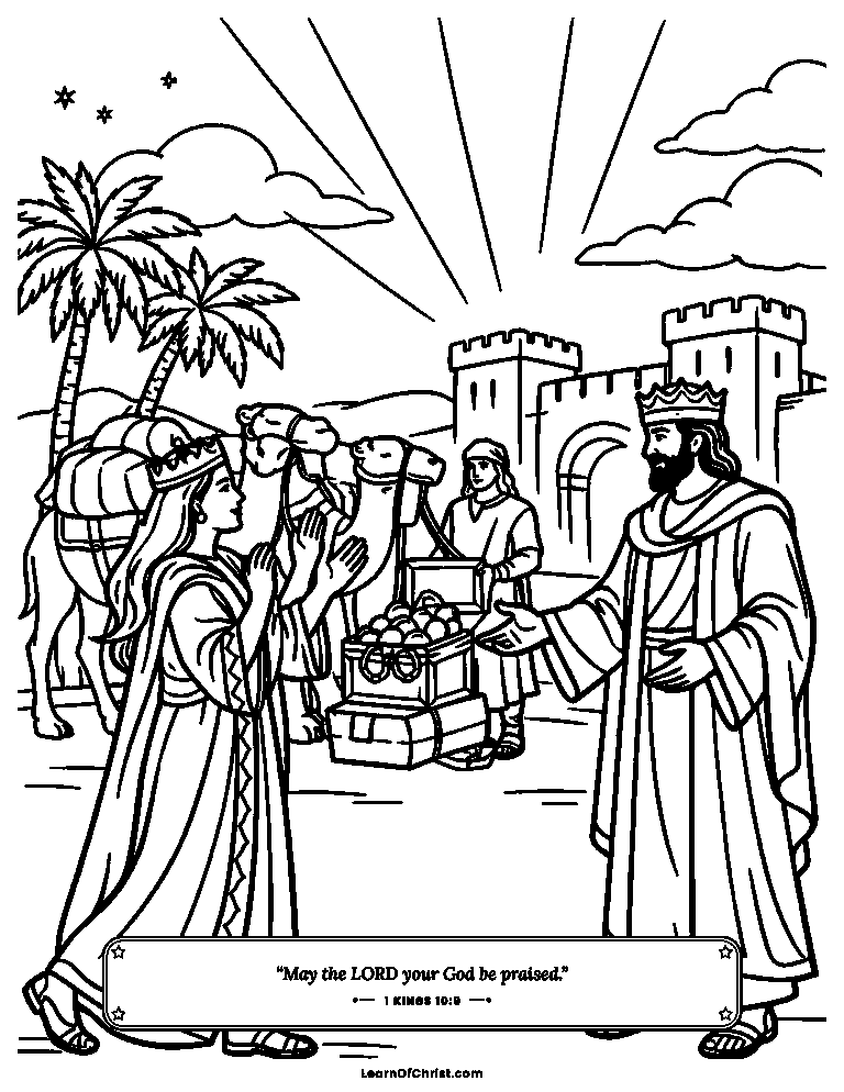 1 Kings 10 coloring page - The queen of Sheba brings gifts to Solomon