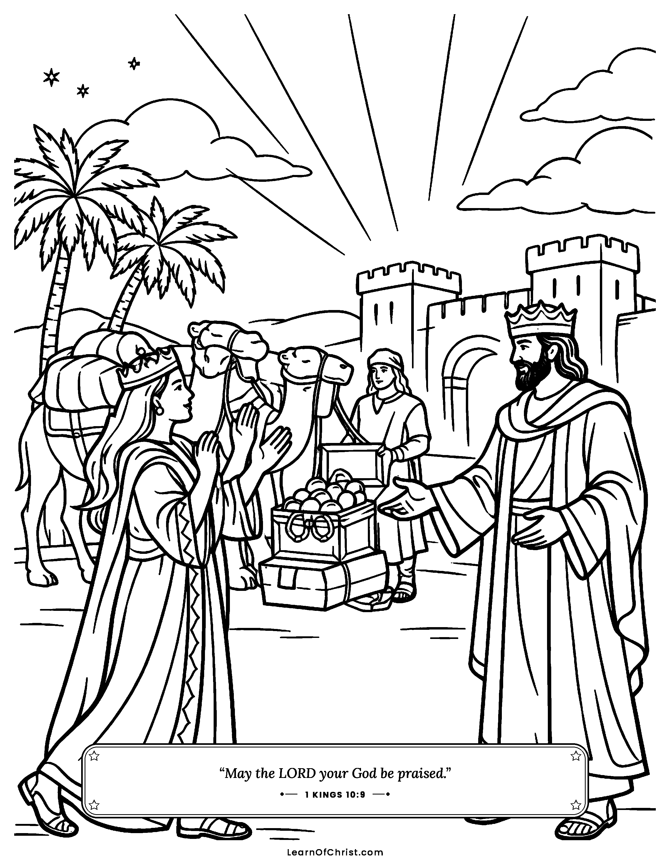 1 Kings 10 coloring page - The queen of Sheba brings gifts to Solomon. Free printable Bible coloring sheet for kids.