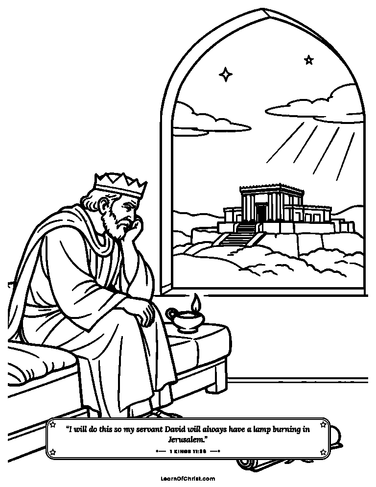 1 Kings 11 coloring page - An older king sits alone at evening
