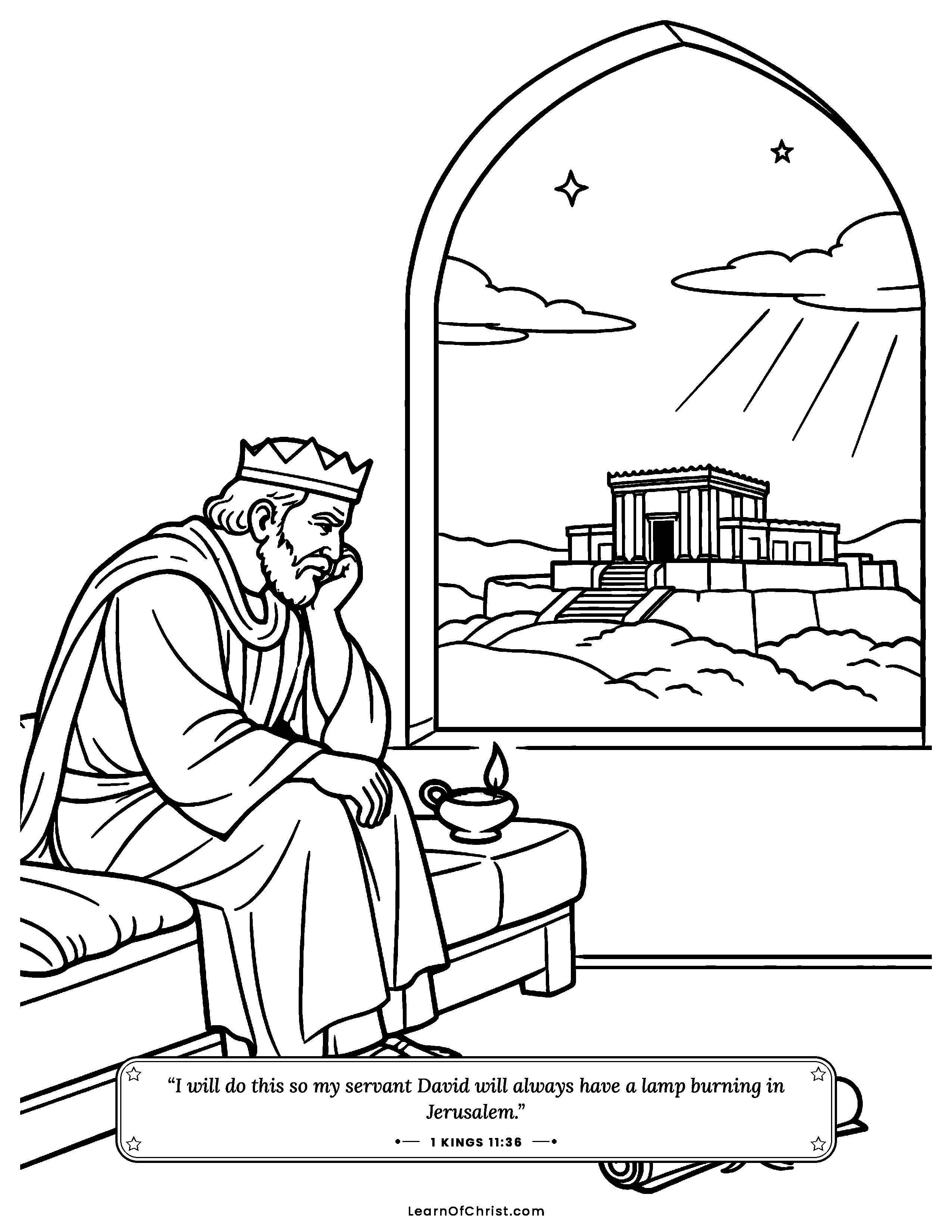 1 Kings 11 coloring page - An older king sits alone at evening. Free printable Bible coloring sheet for kids.