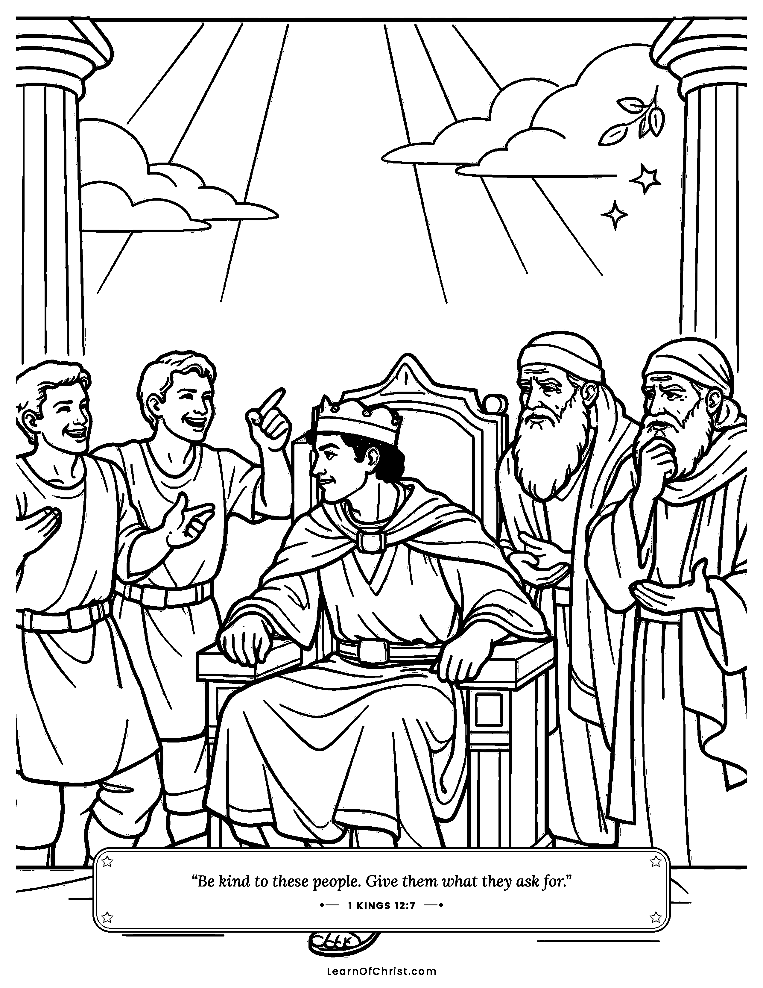 1 Kings 12 coloring page - Rehoboam turns from the wise old advisors. Free printable Bible coloring sheet for kids.