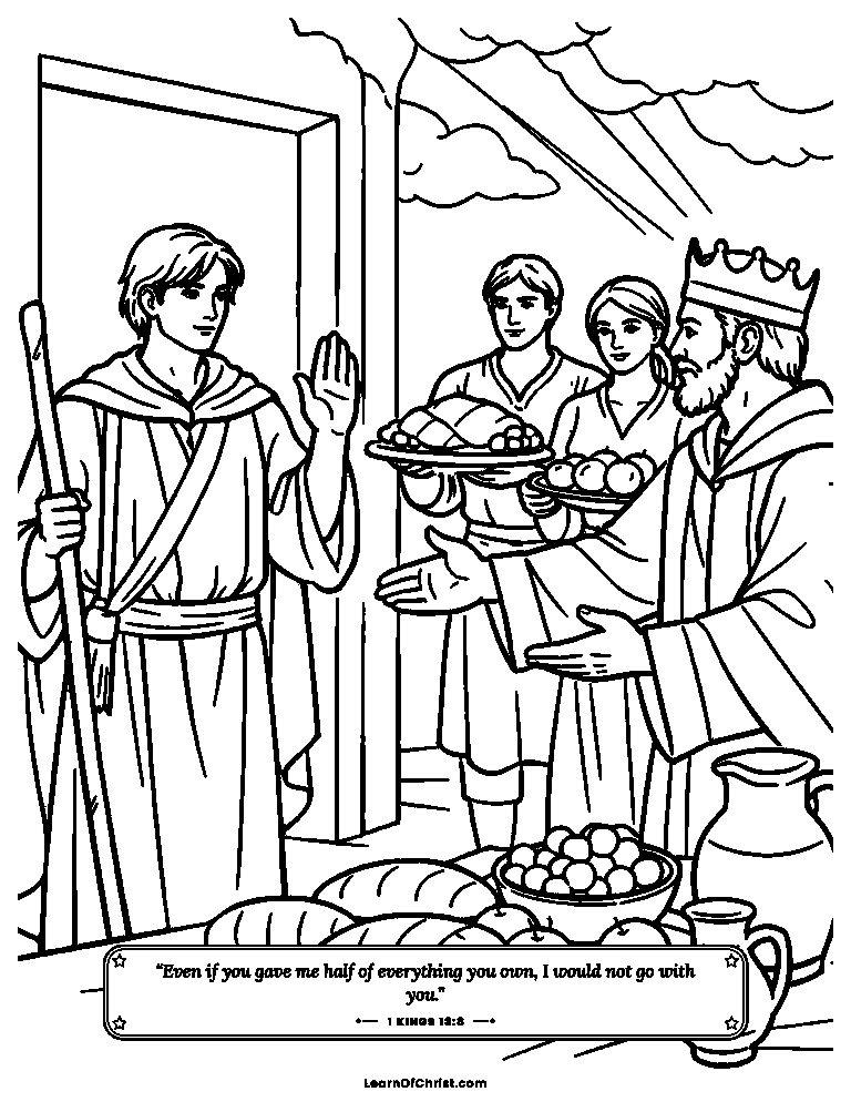 1 Kings 13 coloring page - A young messenger says no to the feast