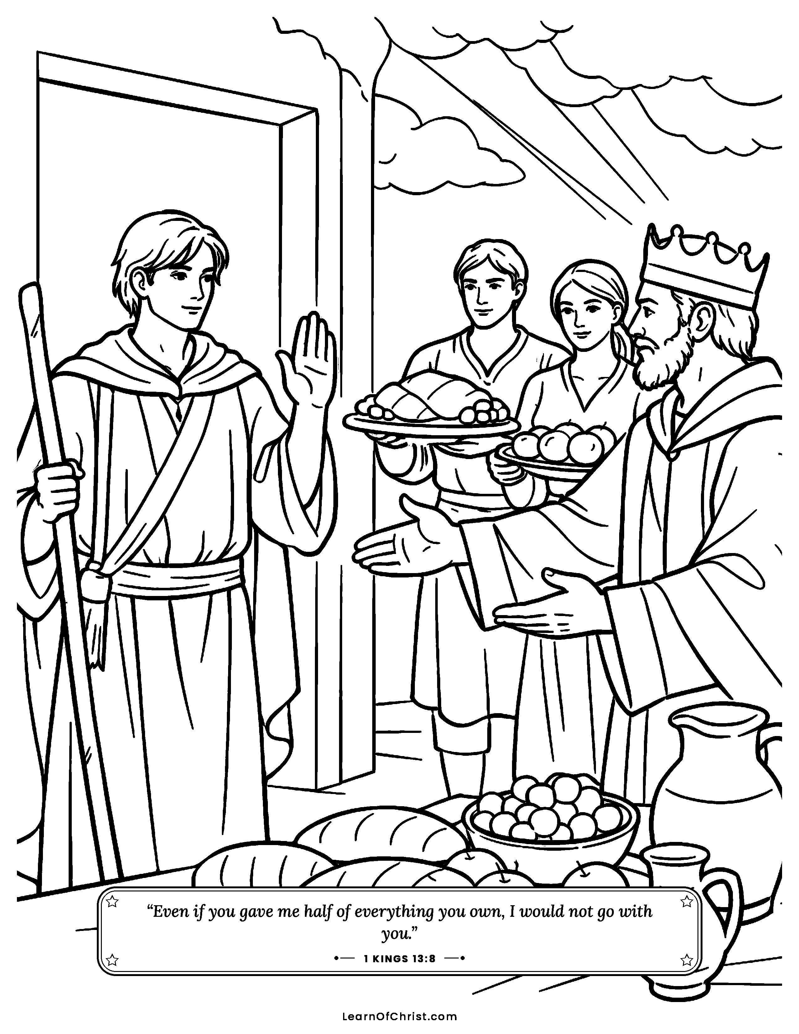 1 Kings 13 coloring page - A young messenger says no to the feast. Free printable Bible coloring sheet for kids.