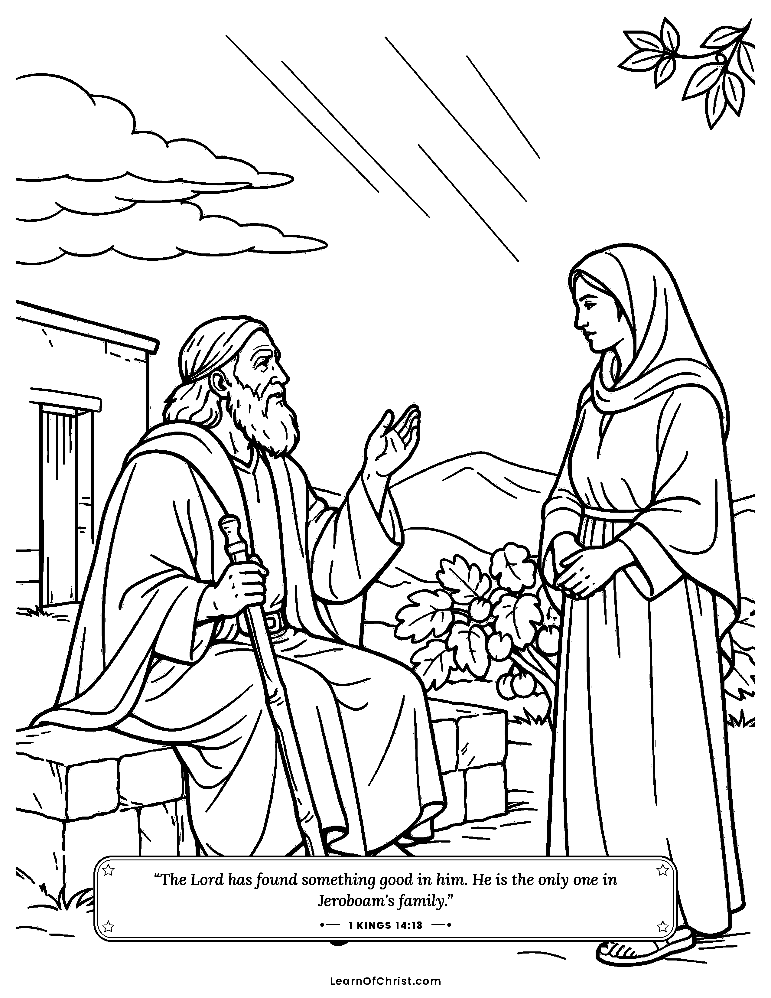 1 Kings 14 coloring page - A prophet speaks kindly to a worried mother. Free printable Bible coloring sheet for kids.