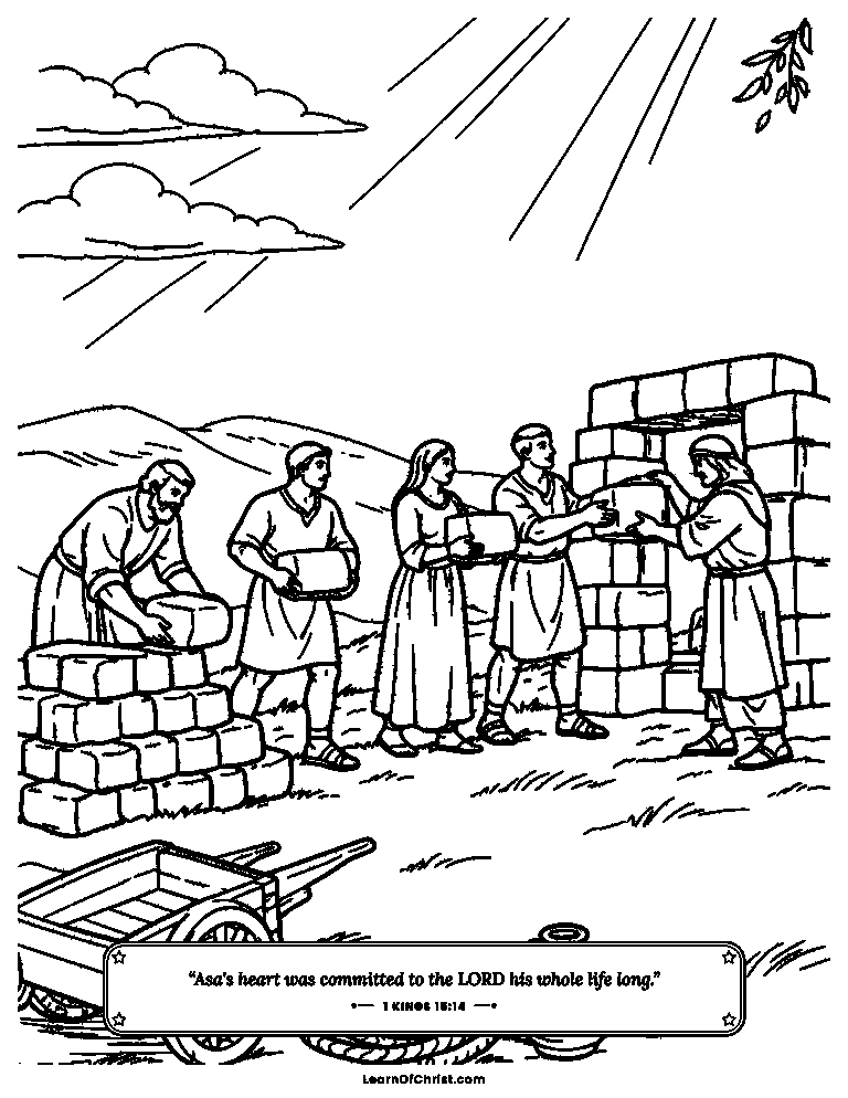 1 Kings 15 coloring page - Everyone carries stones to build two new towns