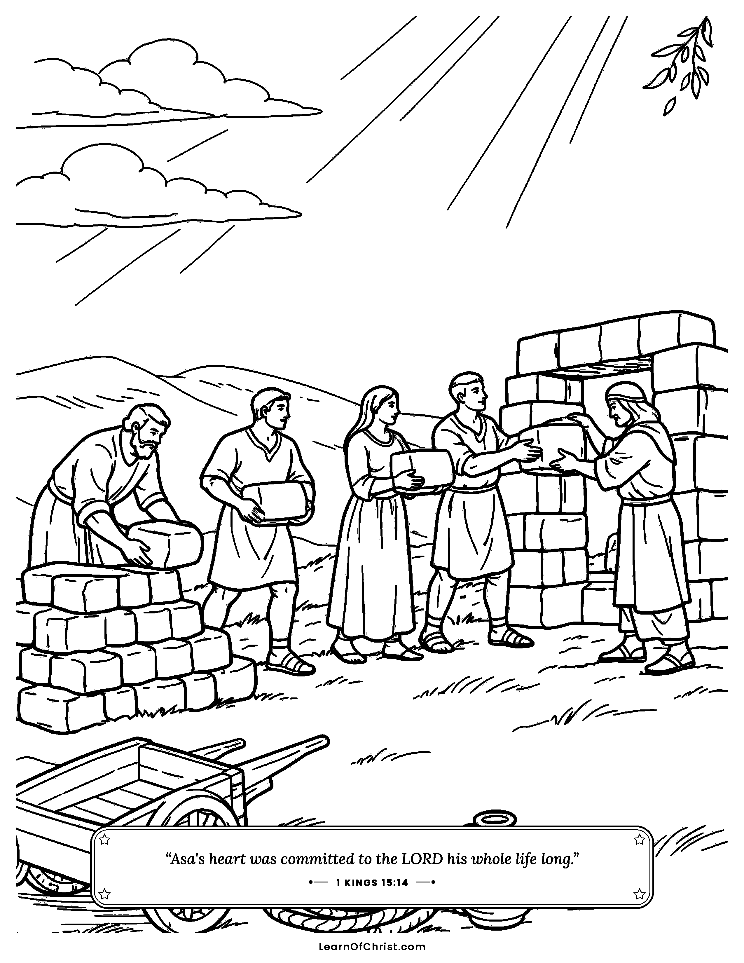 1 Kings 15 coloring page - Everyone carries stones to build two new towns. Free printable Bible coloring sheet for kids.