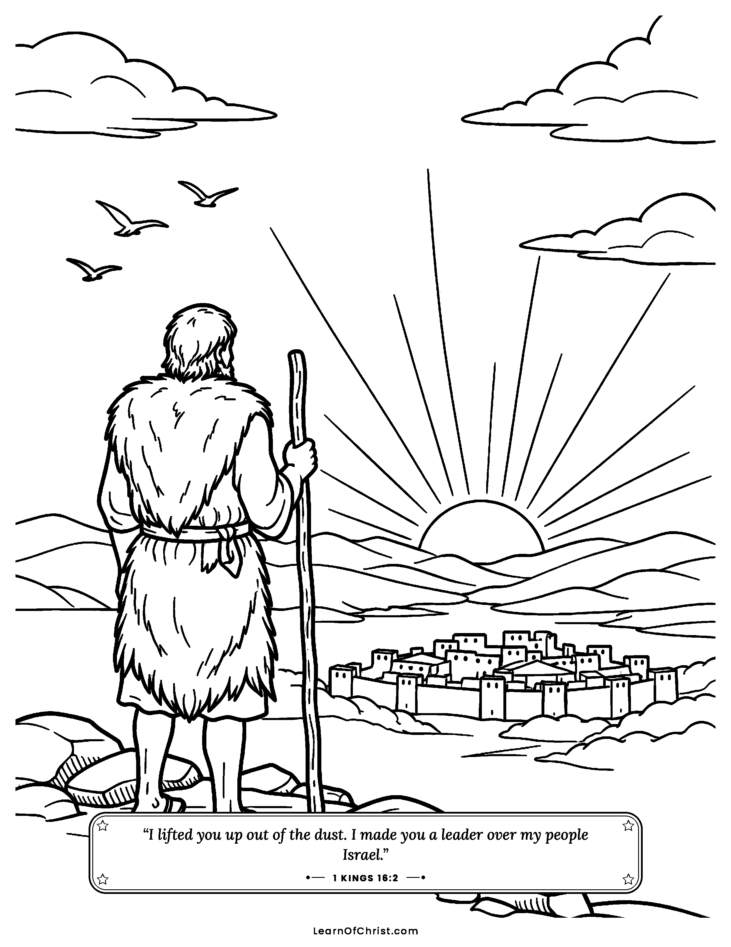 1 Kings 16 coloring page - A new prophet stands on the hill at dawn. Free printable Bible coloring sheet for kids.