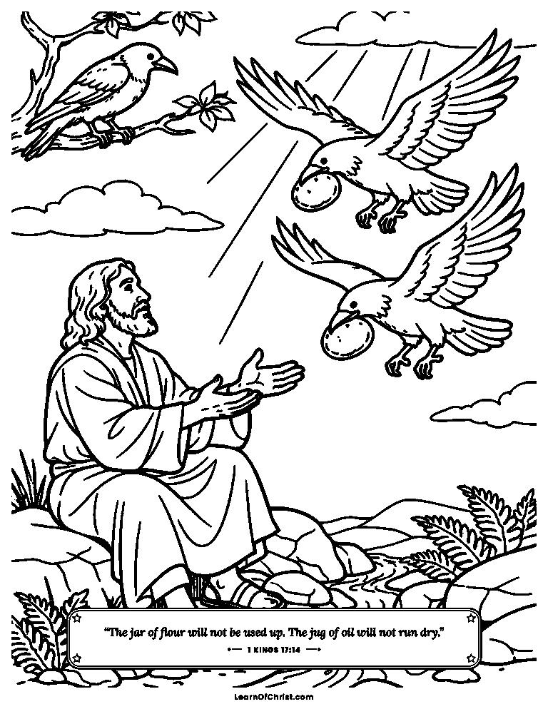 1 Kings 17 coloring page - Ravens bring bread to Elijah by the brook