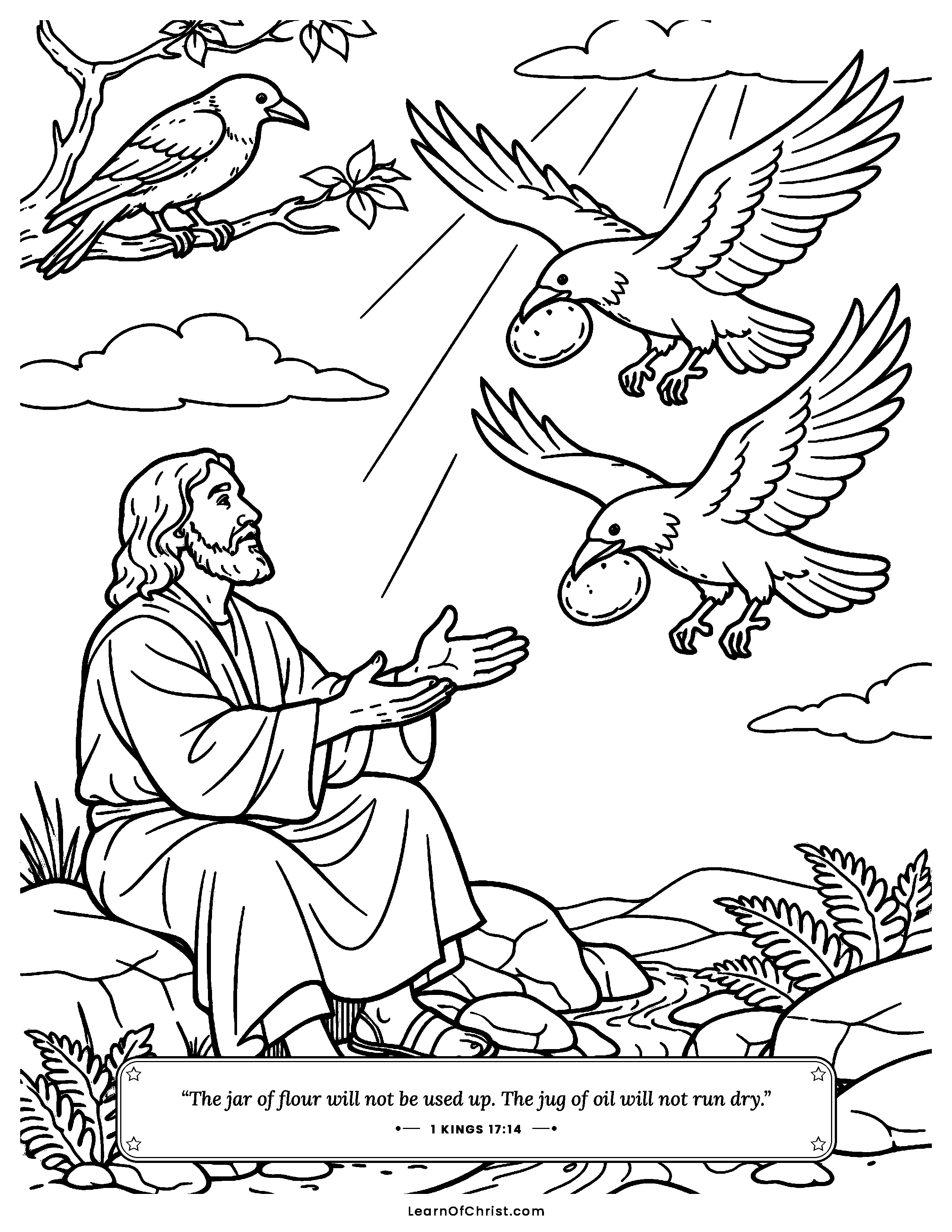 1 Kings 17 coloring page - Ravens bring bread to Elijah by the brook. Free printable Bible coloring sheet for kids.