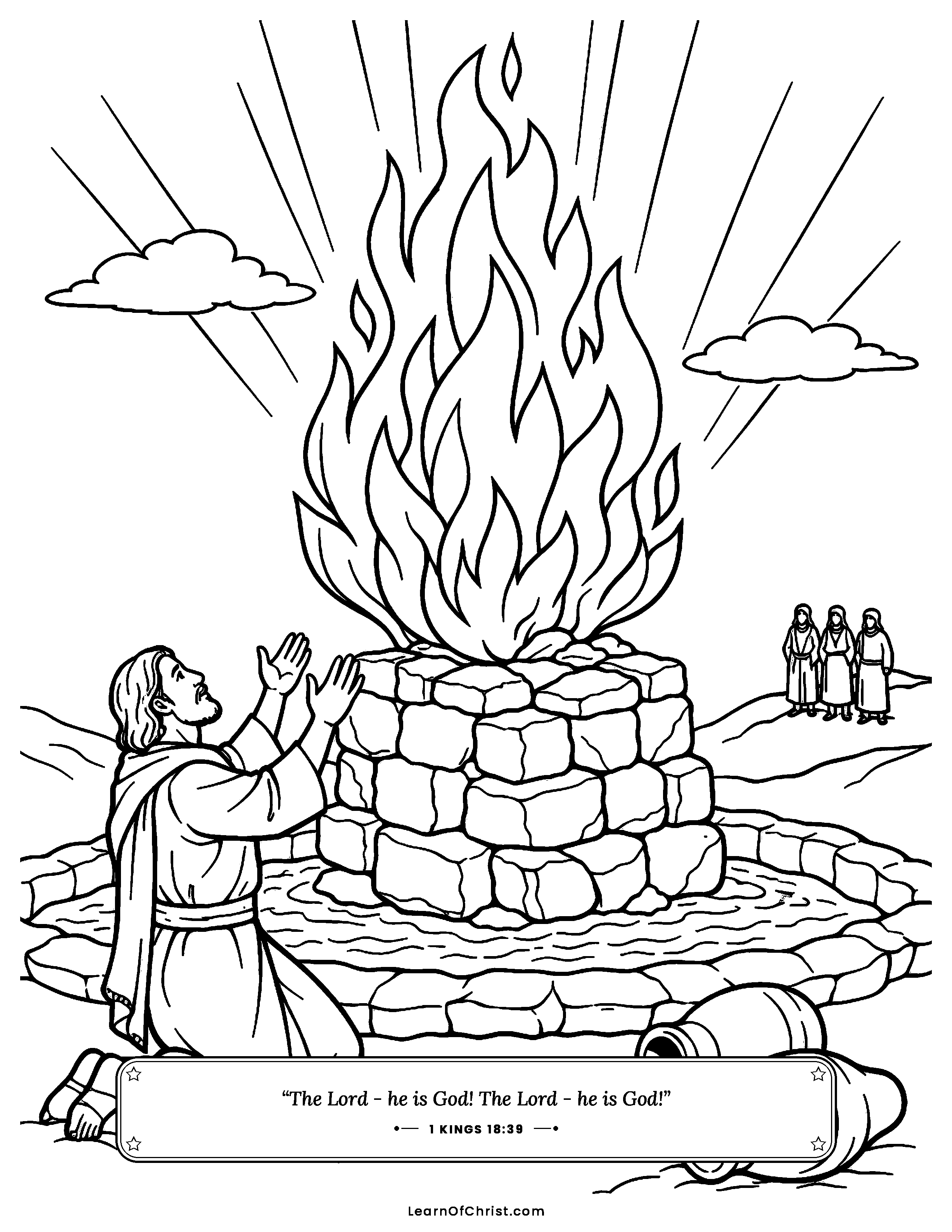 1 Kings 18 coloring page - Fire falls on Elijah's soaked altar. Free printable Bible coloring sheet for kids.