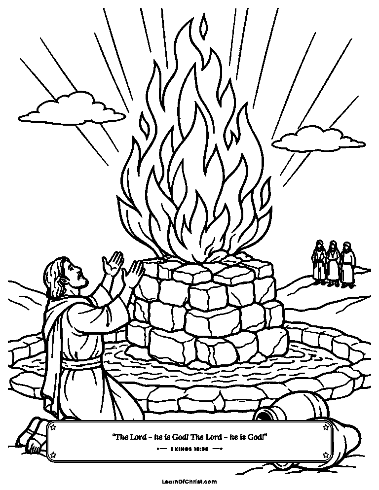 1 Kings 18 coloring page - Fire falls on Elijah's soaked altar