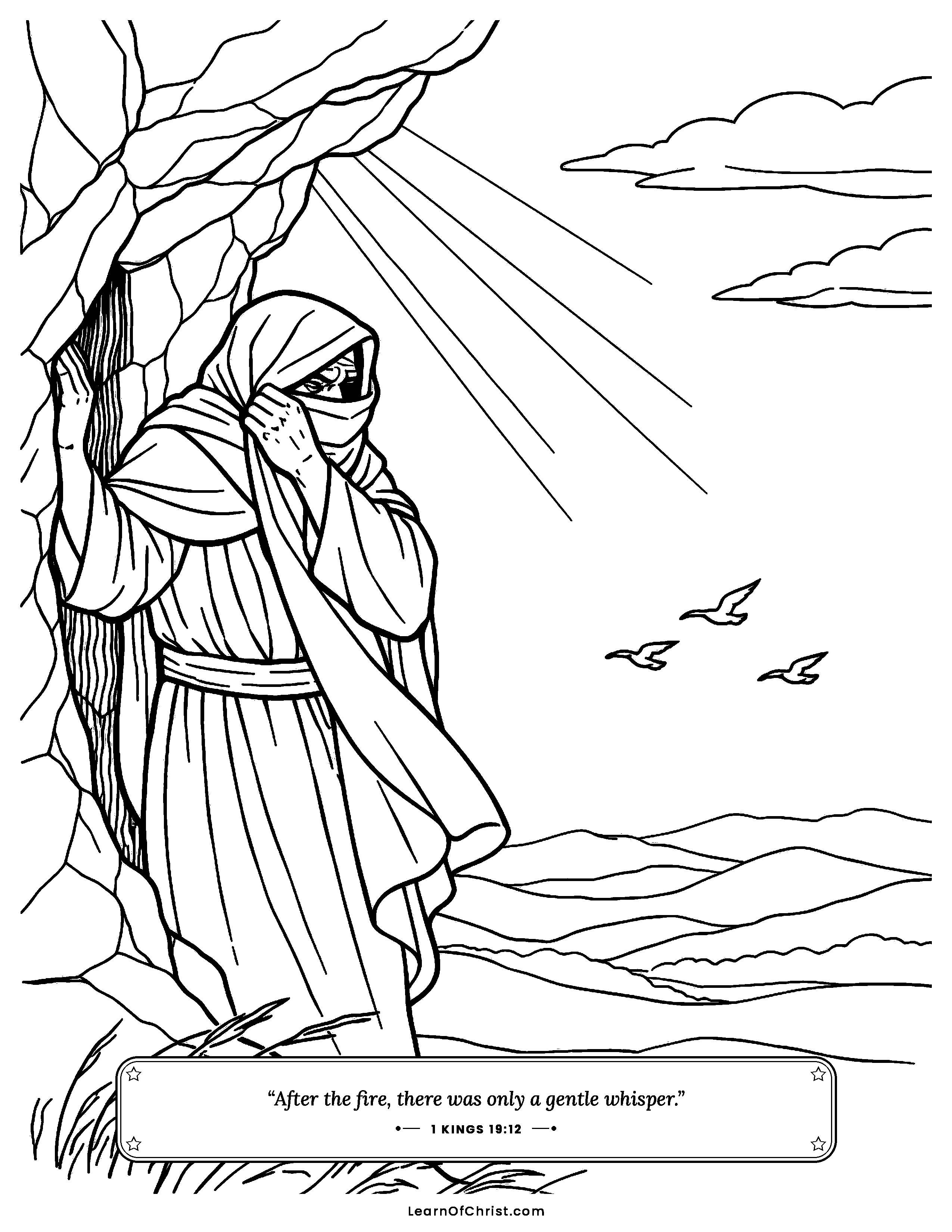 1 Kings 19 coloring page - Elijah hears a gentle whisper at the cave. Free printable Bible coloring sheet for kids.