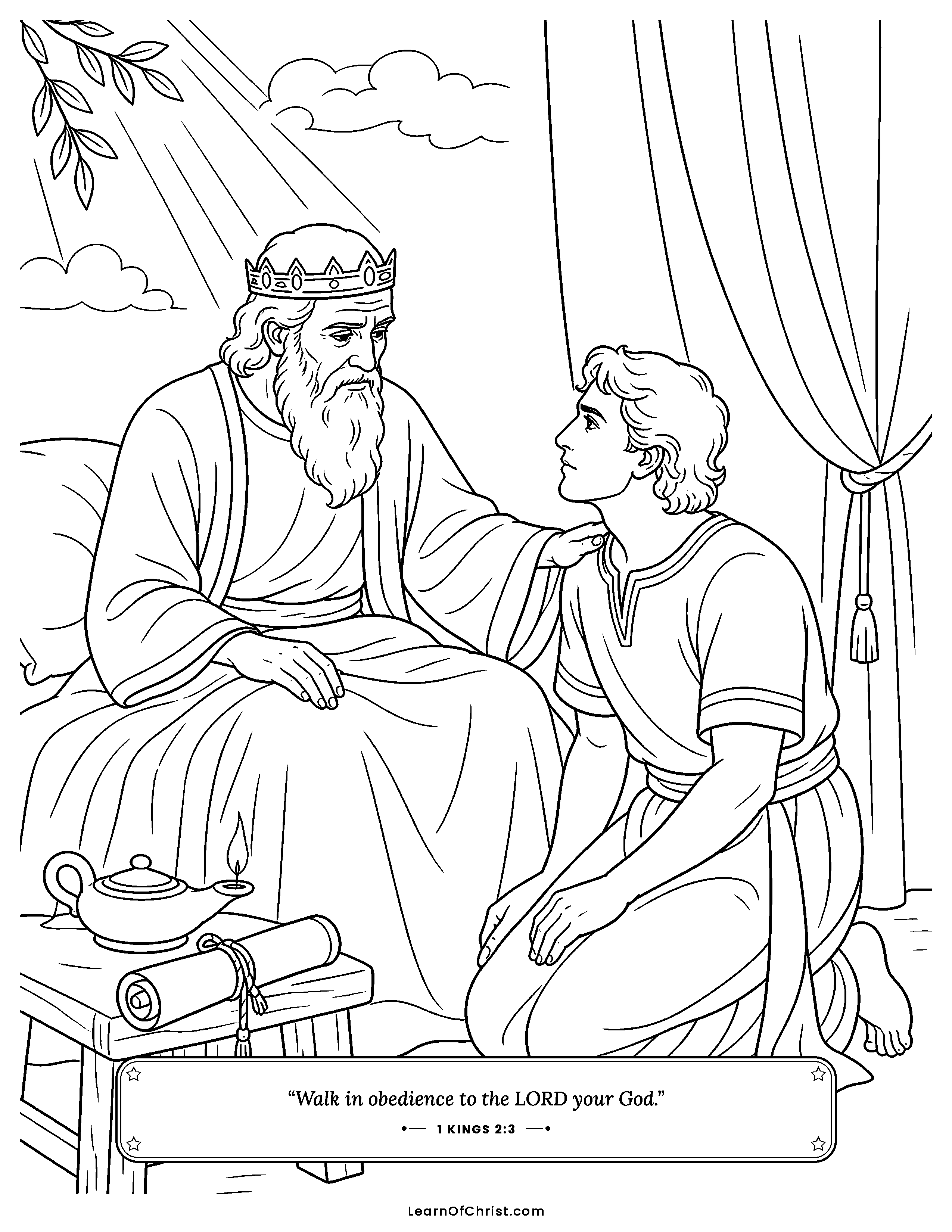 1 Kings 2 coloring page - David gives Solomon his last advice. Free printable Bible coloring sheet for kids.