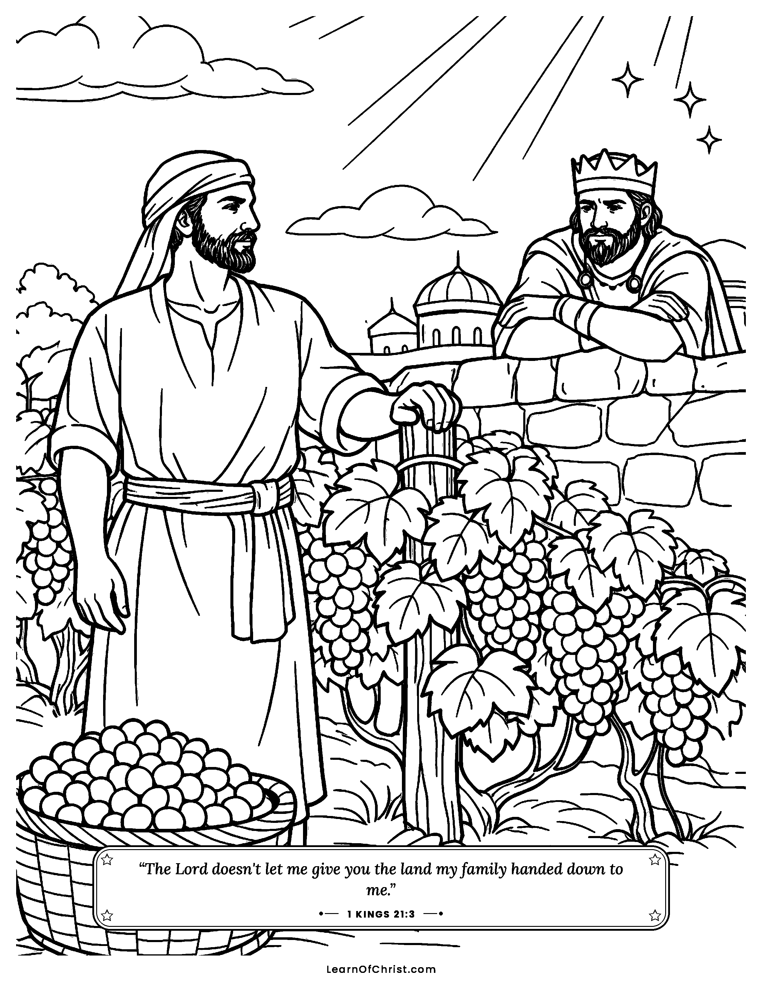 1 Kings 21 coloring page - Naboth stands in his family vineyard. Free printable Bible coloring sheet for kids.