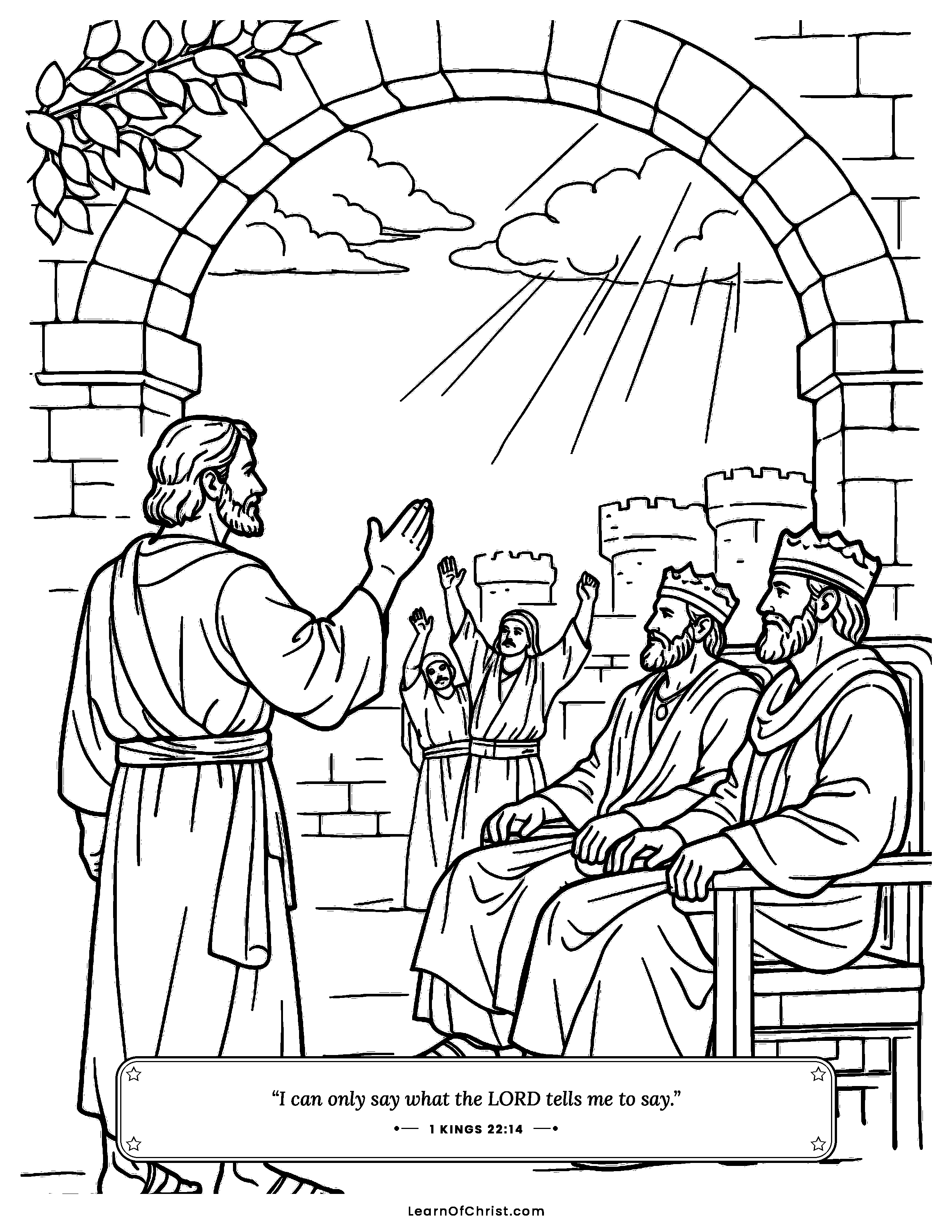 1 Kings 22 coloring page - Micaiah tells the king the honest truth. Free printable Bible coloring sheet for kids.