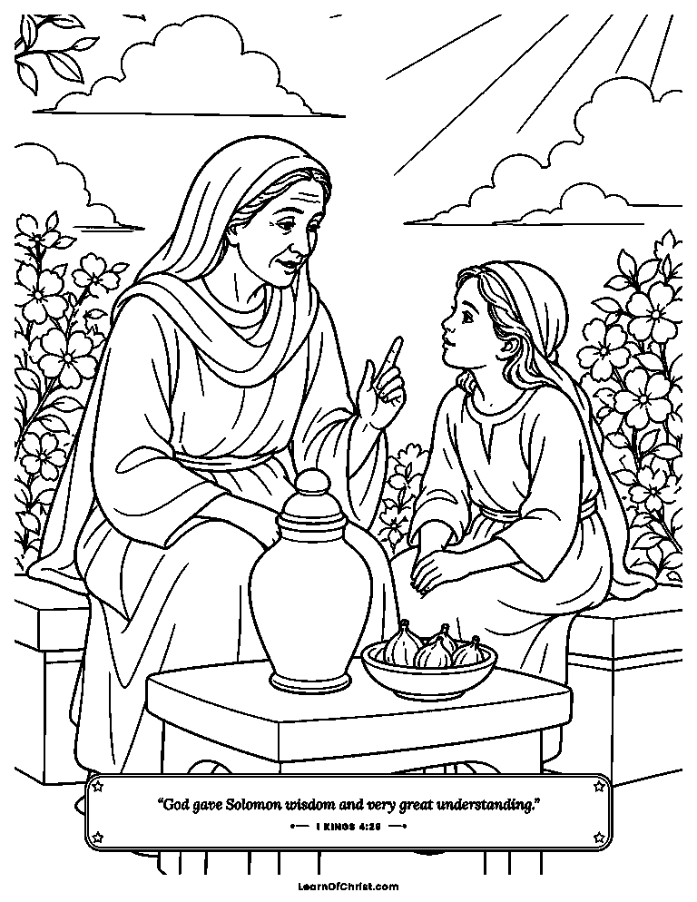 1 Kings 4 coloring page - Families rest under vines and fig trees