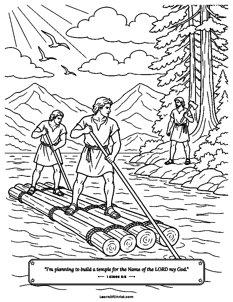1 Kings 5 coloring page - Cedar logs float down the sea on rafts