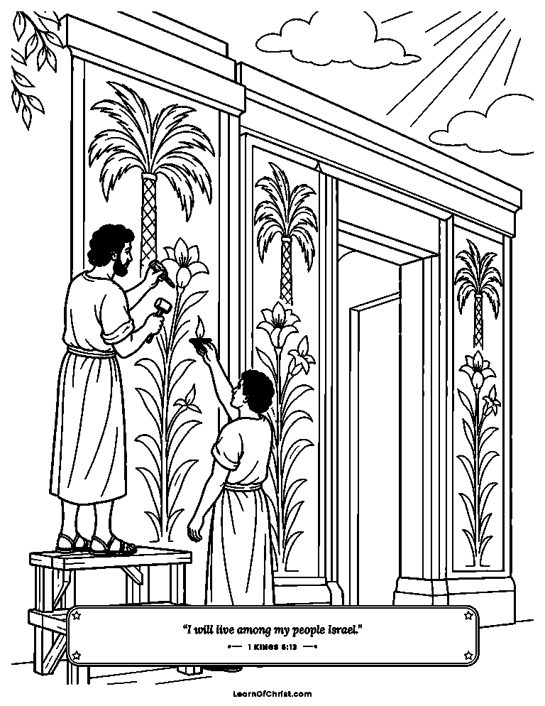 1 Kings 6 coloring page - Workers carve flowers inside the new temple