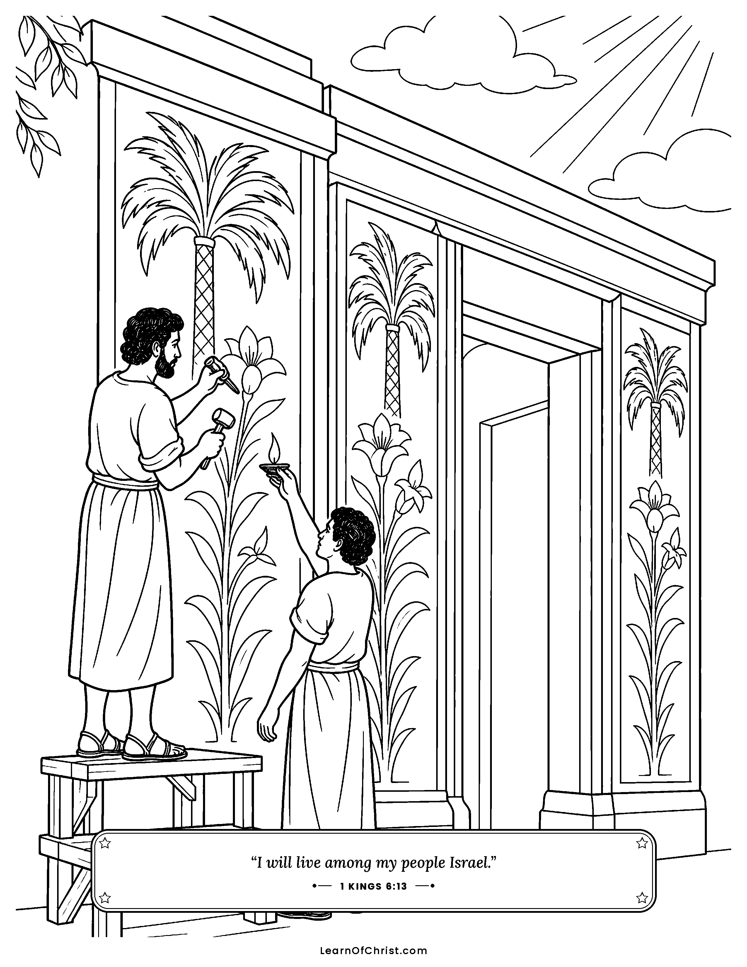1 Kings 6 coloring page - Workers carve flowers inside the new temple. Free printable Bible coloring sheet for kids.