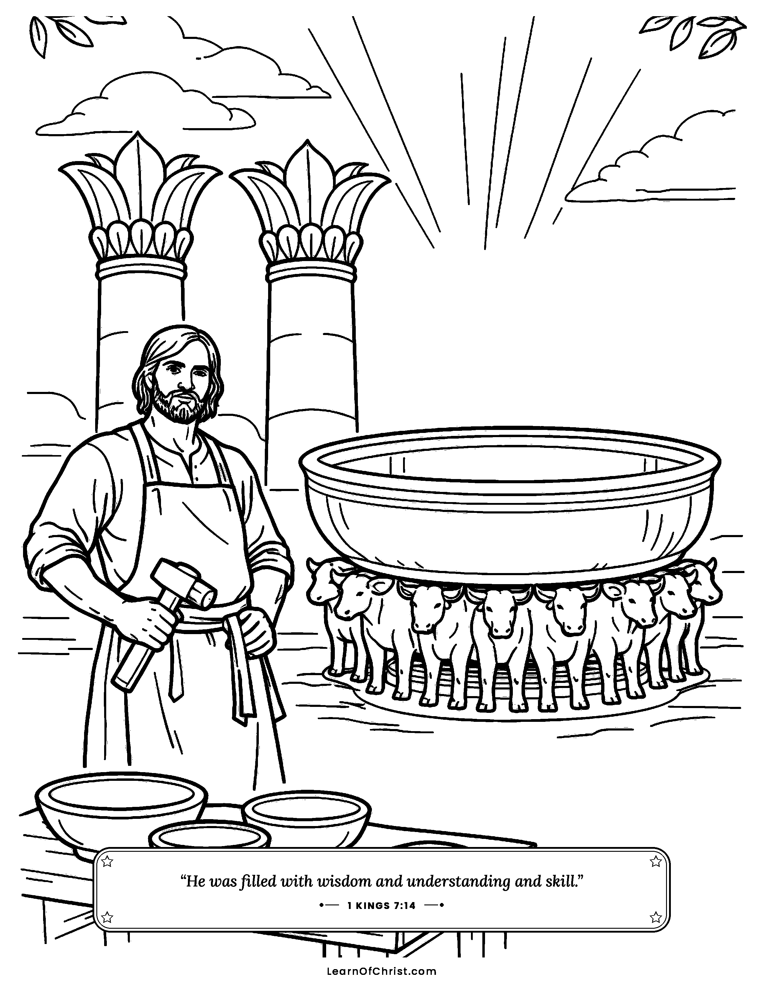 1 Kings 7 coloring page - Huram shapes the temple's bronze pillars. Free printable Bible coloring sheet for kids.