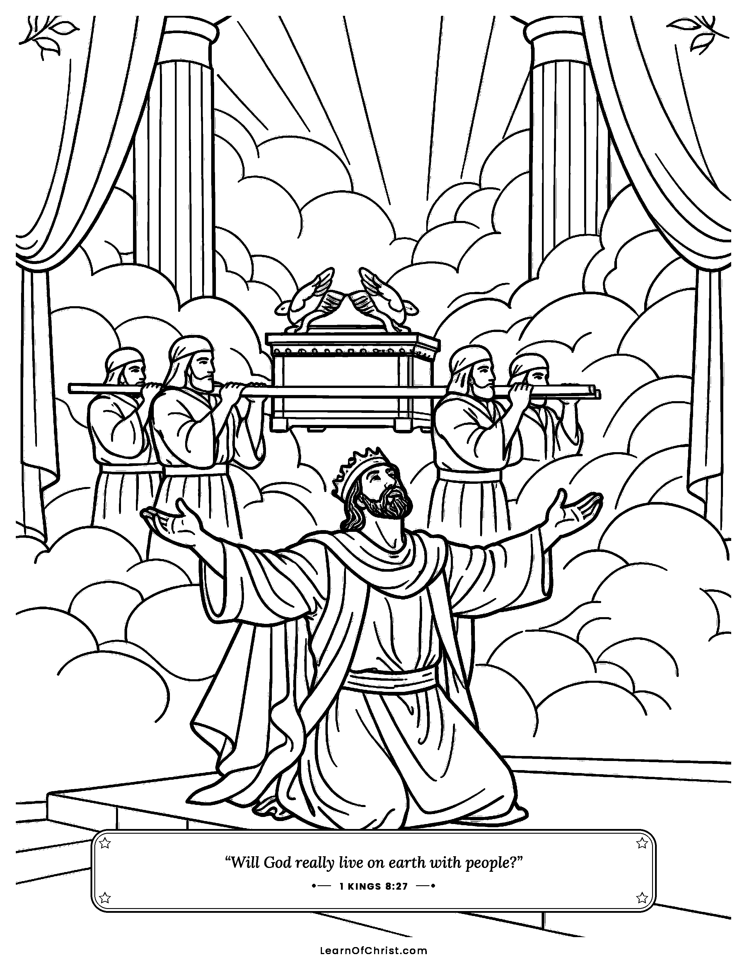 1 Kings 8 coloring page - Solomon prays as the cloud fills the temple. Free printable Bible coloring sheet for kids.