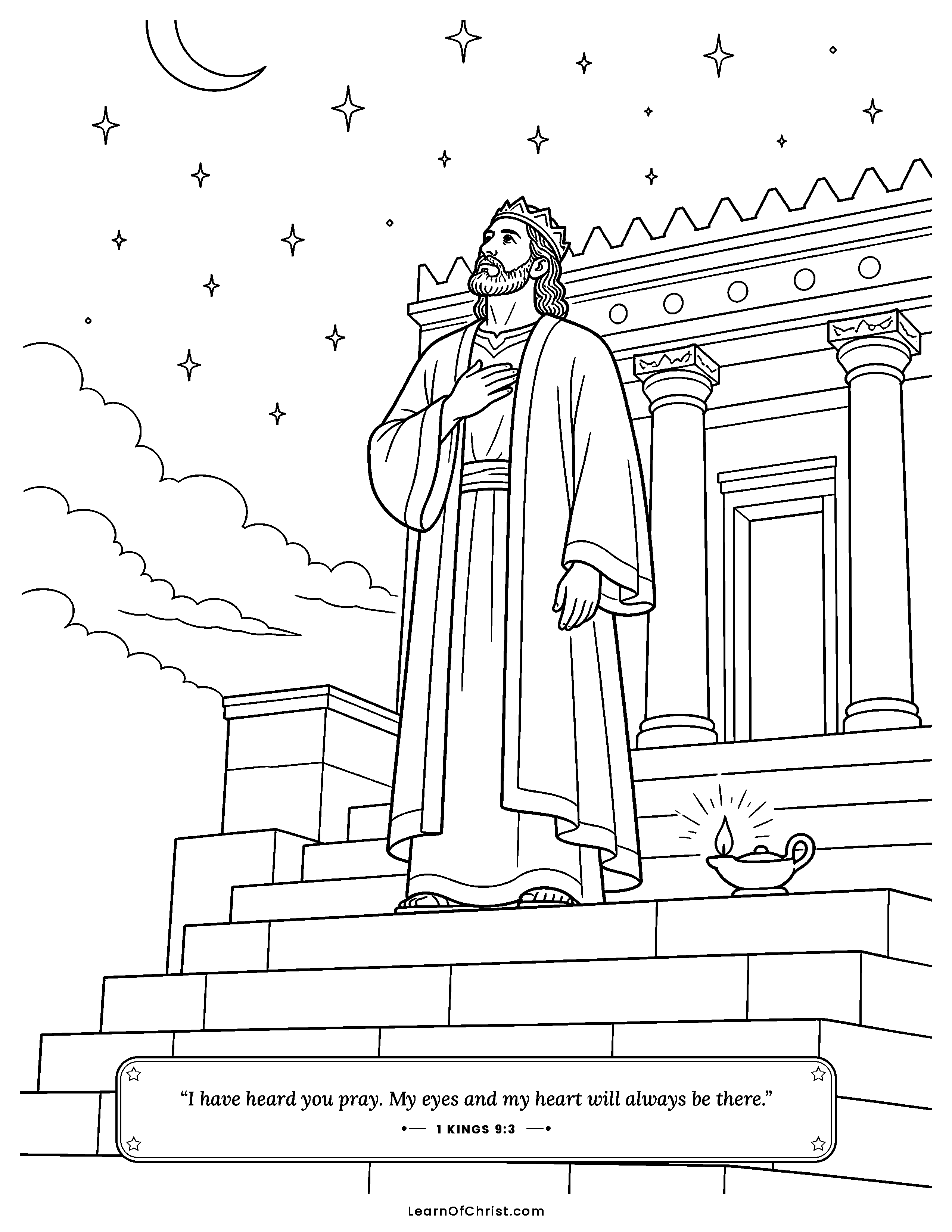 1 Kings 9 coloring page - Solomon listens as God answers his prayer. Free printable Bible coloring sheet for kids.