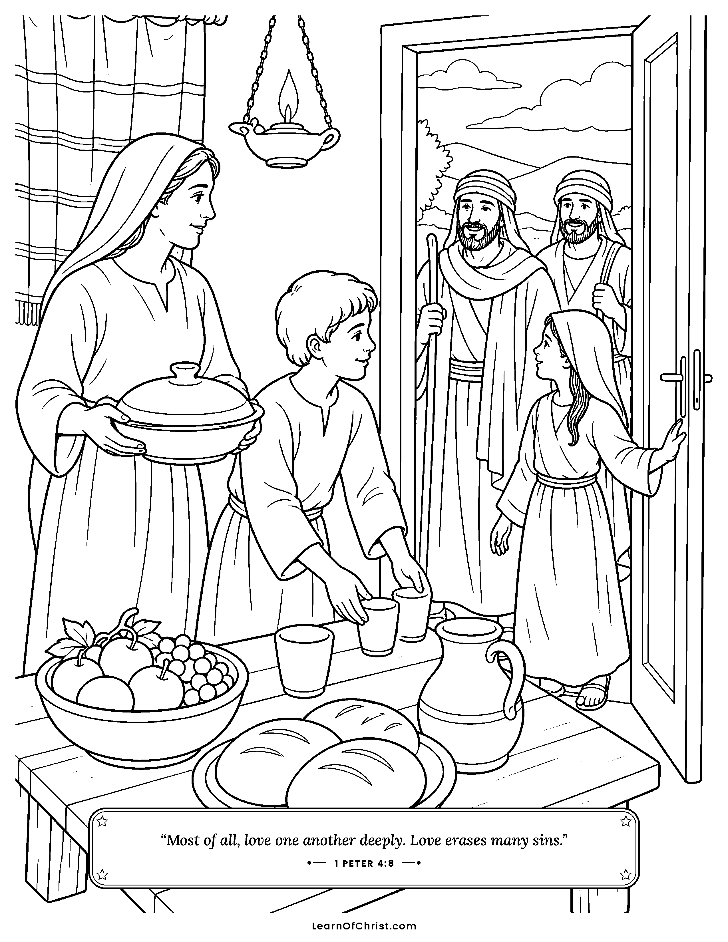 1 Peter 4 coloring page - Every gift shared around one table. Free printable Bible coloring sheet for kids.